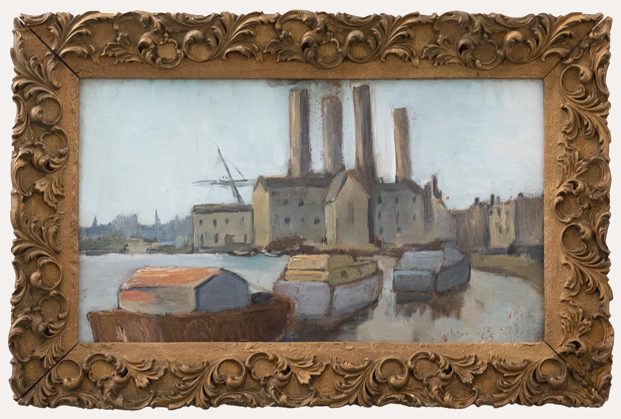 Unknown Landscape Painting - Ornately Framed Mid 20th Century Oil - Industrial River Scene