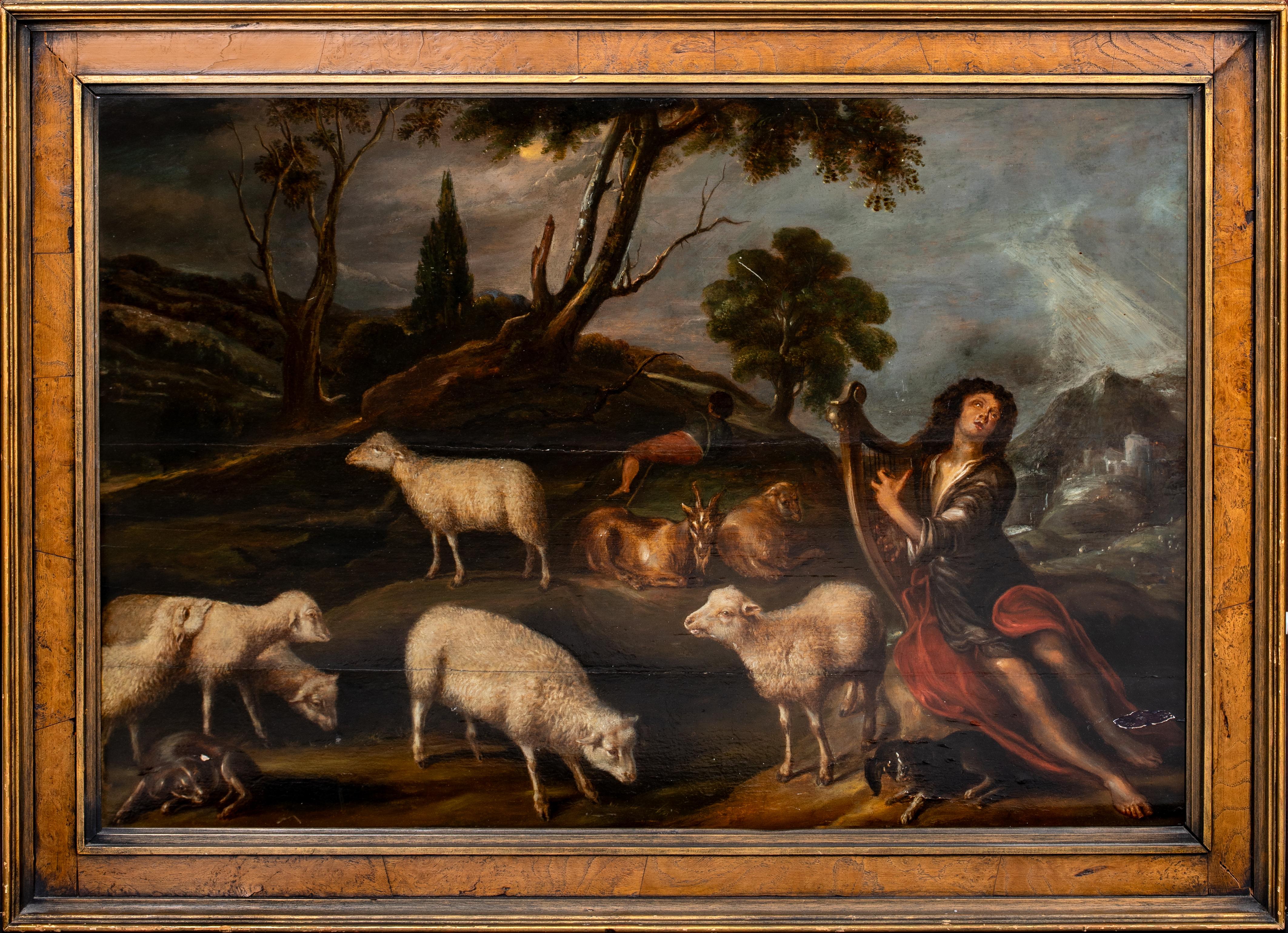 Landscape Painting Unknown - Orphée enchanter les animaux, 17e siècle  Cercle de Cornelis Saftleven