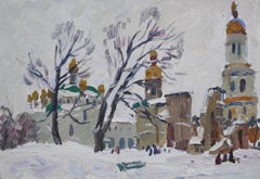 'Orthodox Christian Church in Winter', Expressionist Landscape Oil Painting