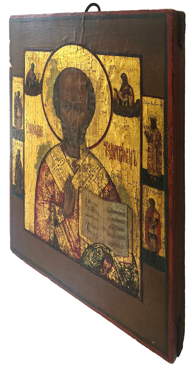 Orthodox Icon of Saint Nicholas surrounded by scenes from his life. 19th Century - Painting by Unknown