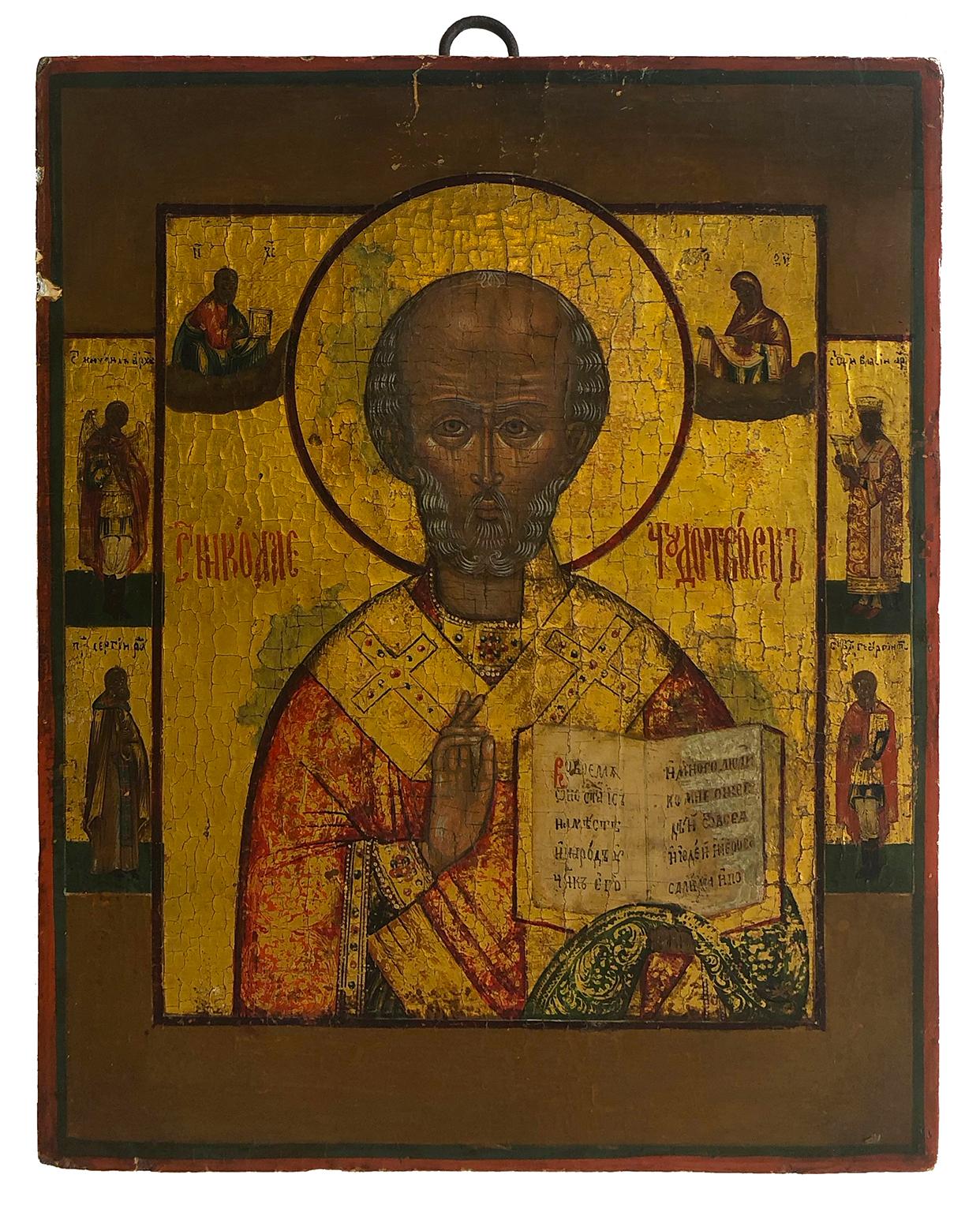 Unknown Figurative Painting - Orthodox Icon of Saint Nicholas surrounded by scenes from his life. 19th Century