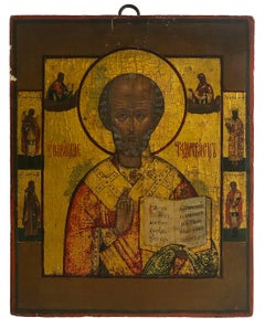 Orthodox Icon of Saint Nicholas surrounded by scenes from his life. 19th Century
