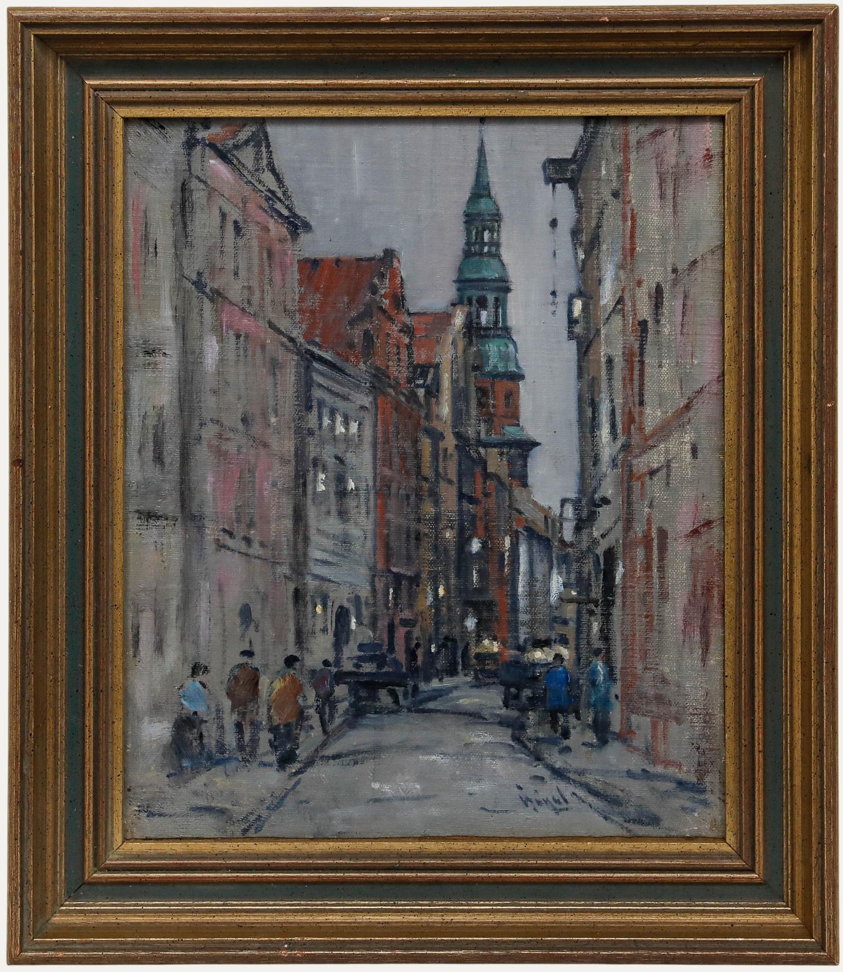 Landscape Painting di Unknown - Oscar Bogel (1871-1964) - Olio della metà del XX secolo incorniciato, Una strada di Amburgo