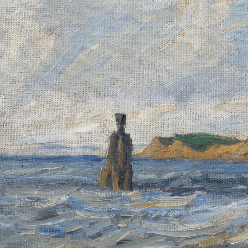 Eine charmante Küstenstudie des dänischen Künstlers Oscar Bojesen (1879-1930). Bojesens lockere, impressionistische Pinselführung fängt die Bewegung des Meeres und des Windes ein. Monogramme unten links. Gut präsentiert in einem Rahmen mit