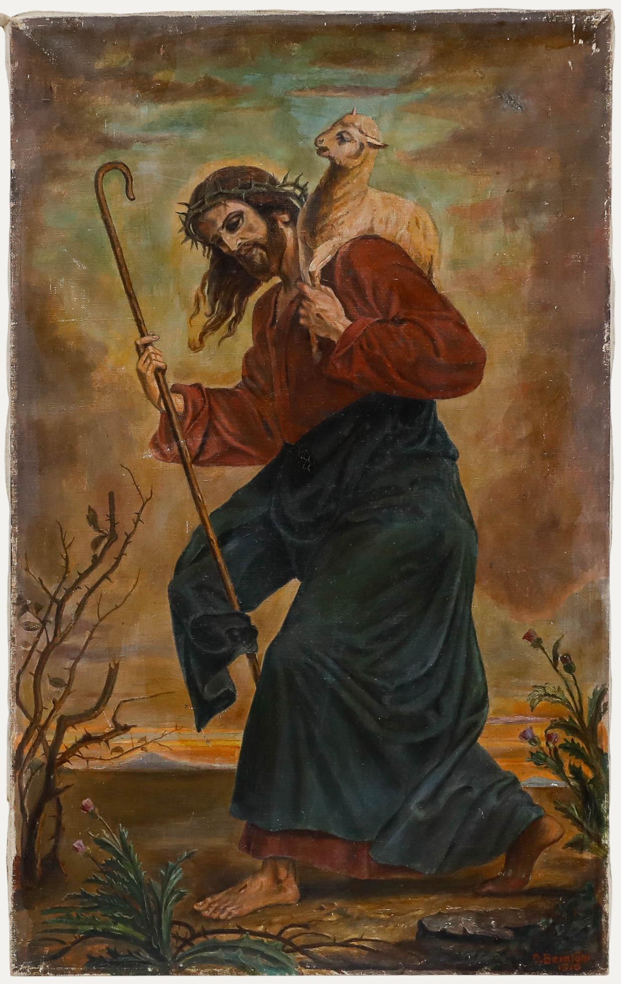 Unknown Figurative Painting – Otto Bernlöhr (1887-1943) - 1916 Öl, Jesus und das Lamm