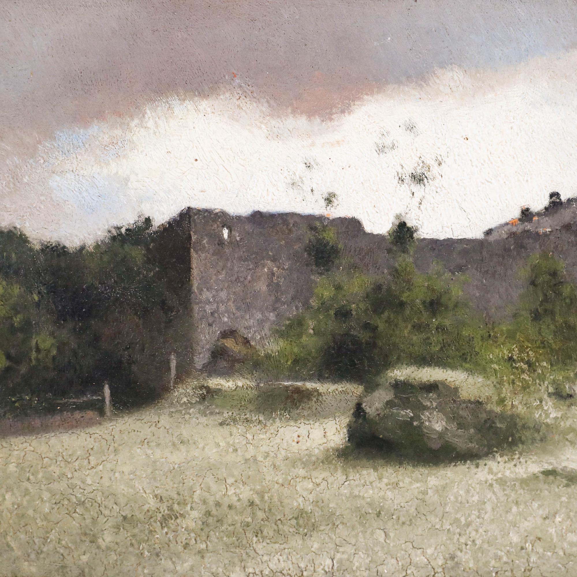 Eine reizvolle Landschaftsszene, die das Schloss Burgruine in Österreich zeigt. Der Künstler fängt das Schloss von unten ein, das im Schatten der Gewitterwolken liegt. Unten rechts schwach signiert. Verso auf der Tafel beschriftet. Präsentiert in