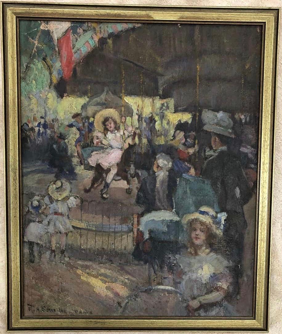 Otto Henry Schneider Paris Carousel Scene - Painting by Unknown