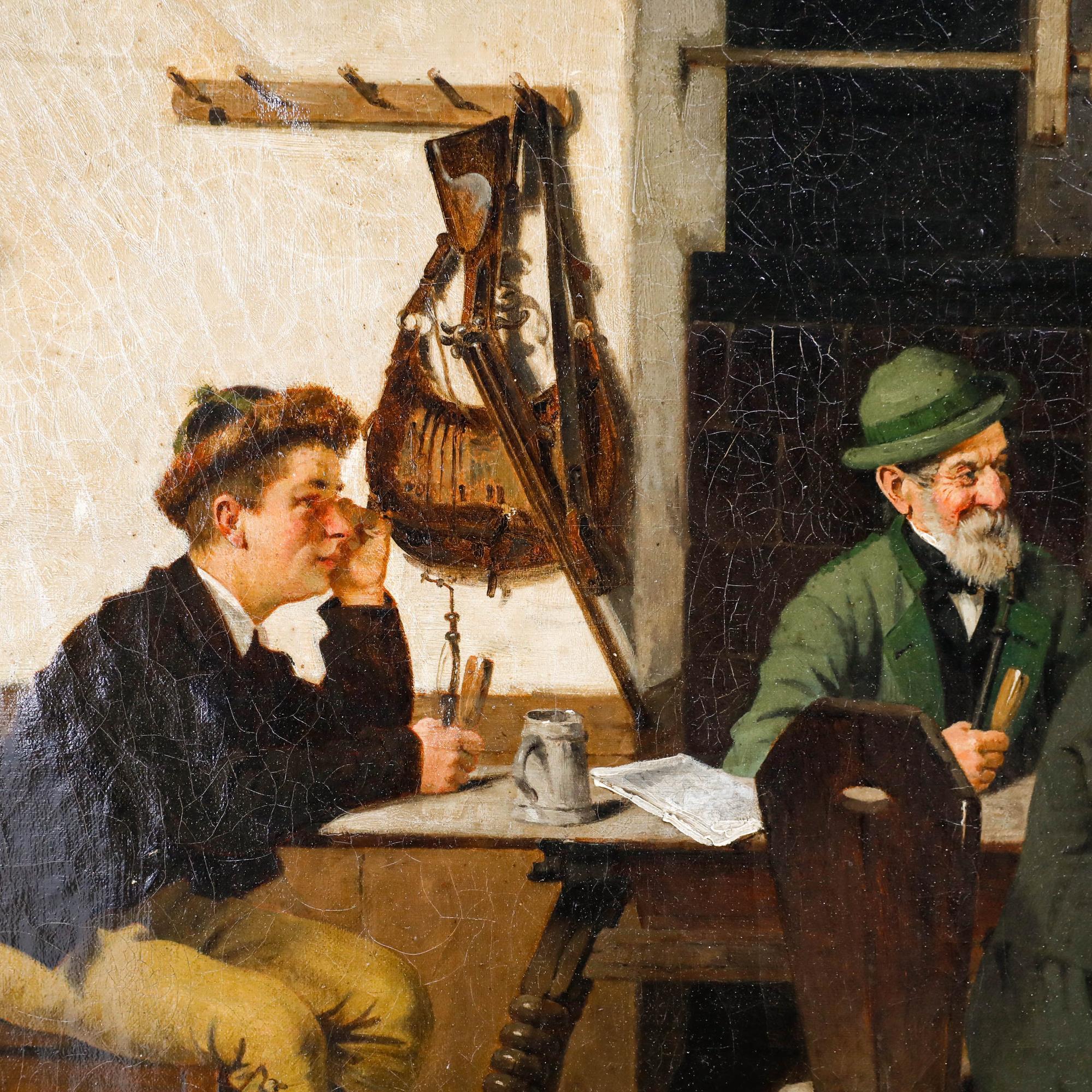 A charming interior scene depicting three men and a woman sitting at a tavern table. Each man is turned to face the woman, all wearing expressions of admiration, with one holding out a pink flower to her.

Signed to the lower right. Presented in a