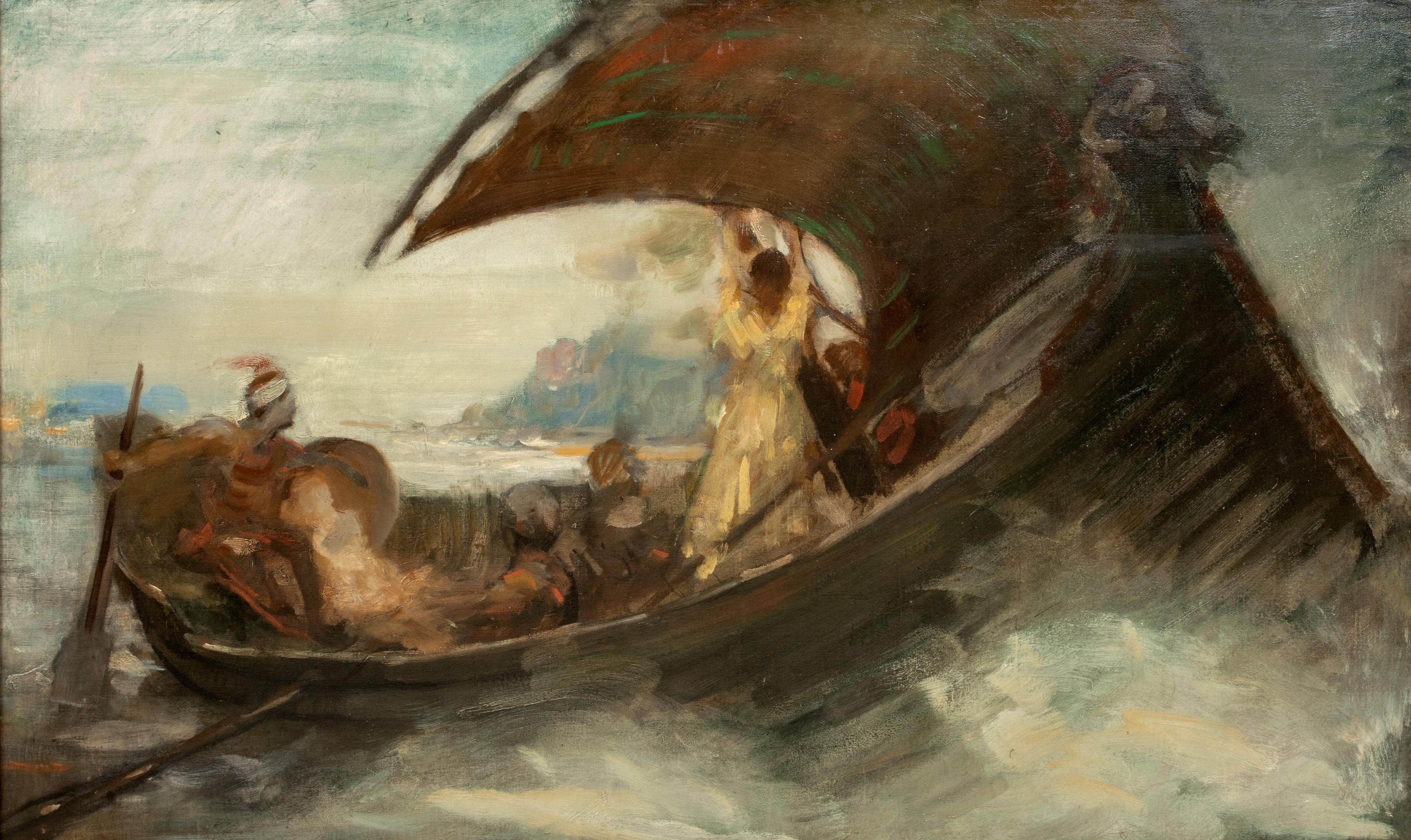 Ottoman Barbary Pirates Raid, 19th Century

circle of Eugène Delacroix (1798-1863)

Large 19th Century scene following a raid by Ottoman pirates with a woman tied to the mast as the flee, oil on canvas. Possibly a historical account from the