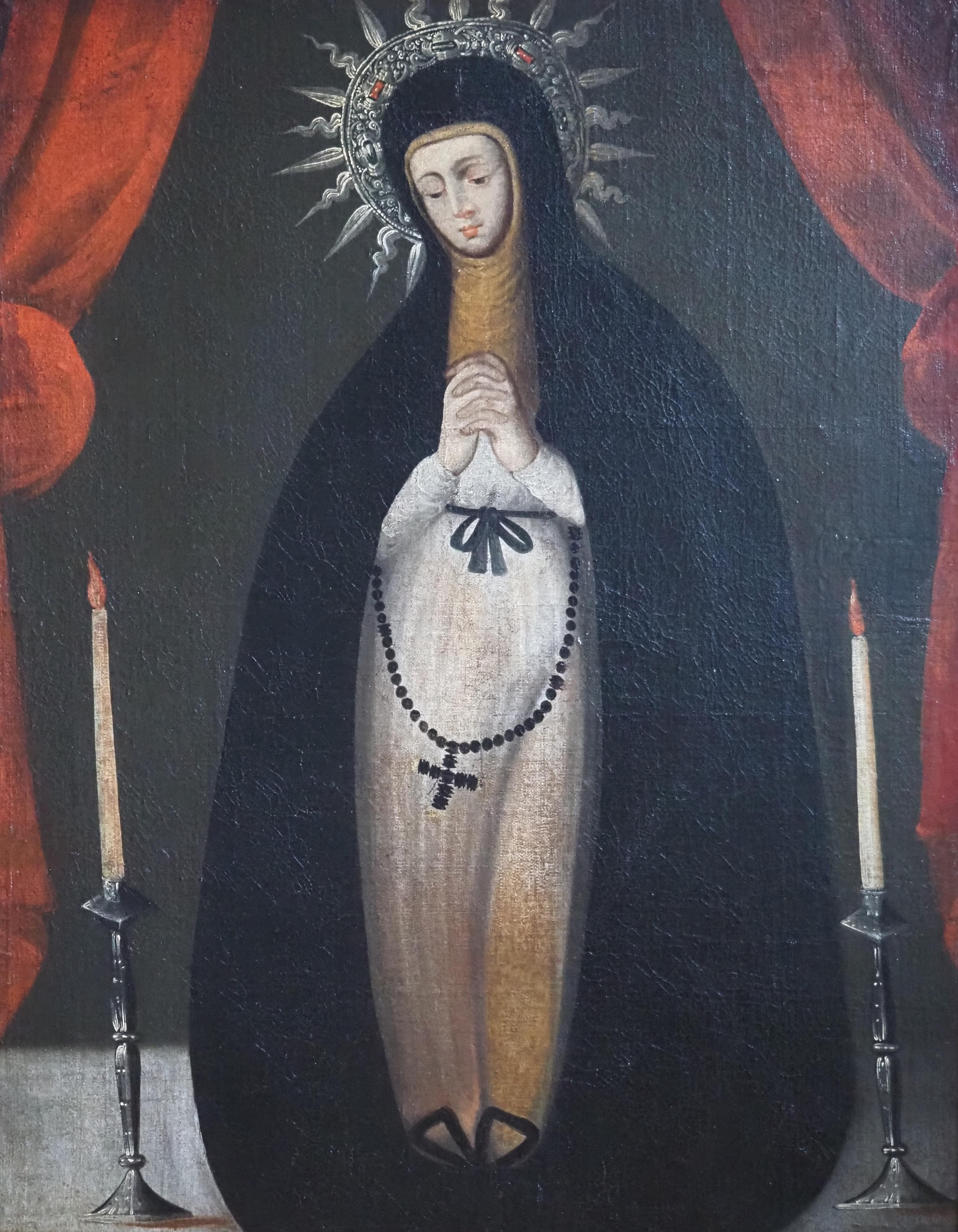 Figurative Painting di Unknown - Nostra Signora della Solitudine, Spanish School Coloniale, 18° secolo