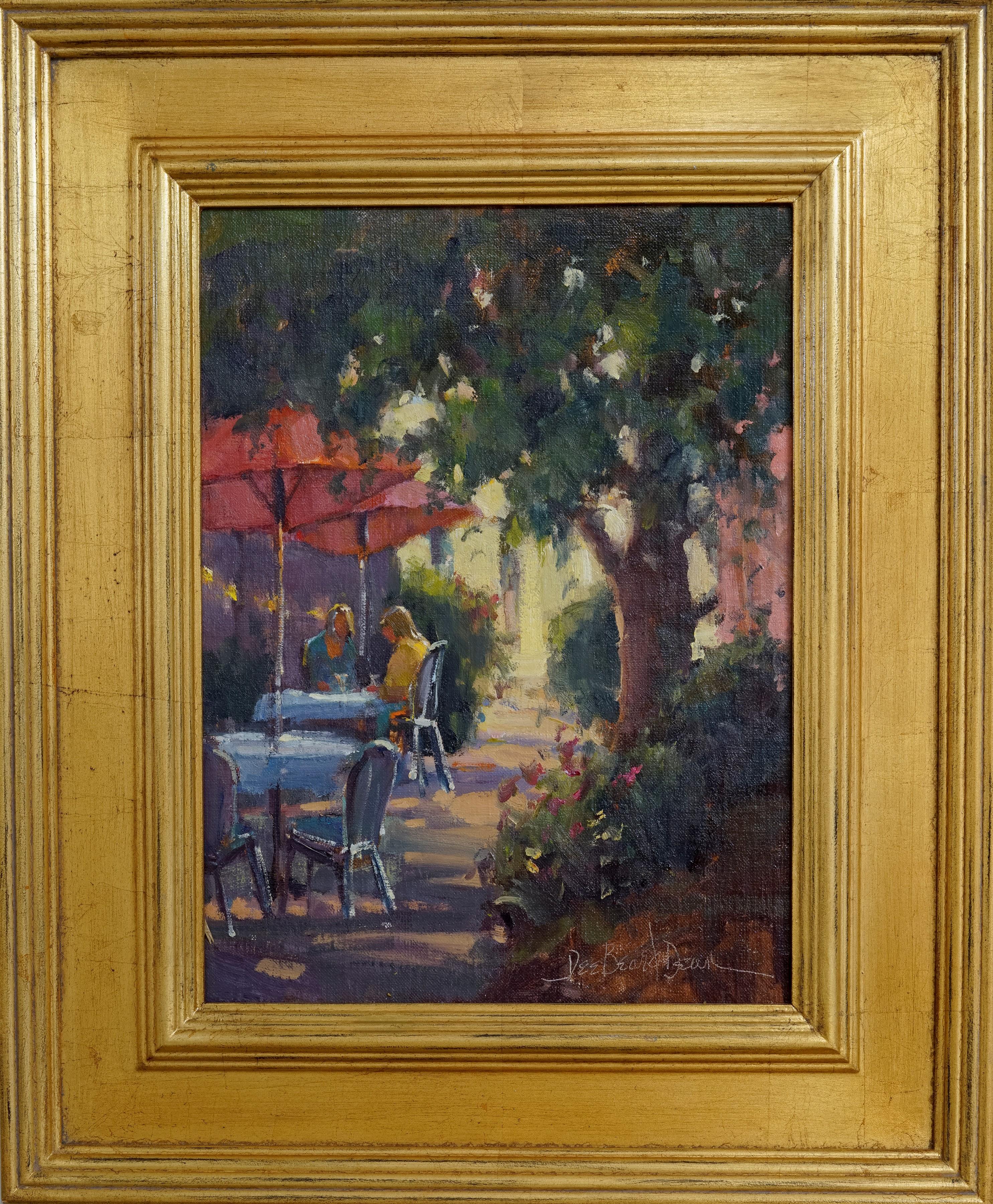 Dee Beard Dean Interior Painting - Outdoor Cafe, Plein Air Original Fine Art Gold Frame Oil on Linen Board