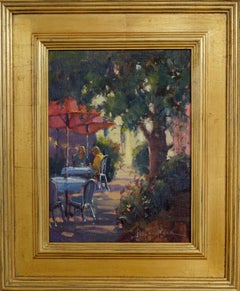 Outdoor Cafe, Plein Air Original Fine Art Gold Frame Oil on Linen Board