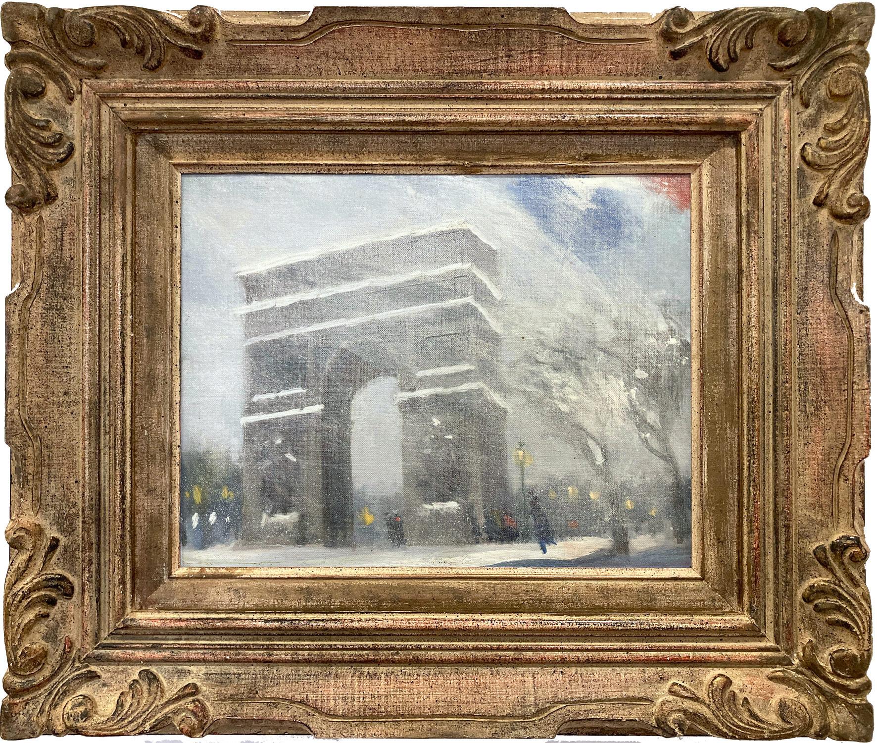 Unknown Figurative Painting - "Snow at Washington Square Park" Impressionist Painting Style Johann Berthelsen