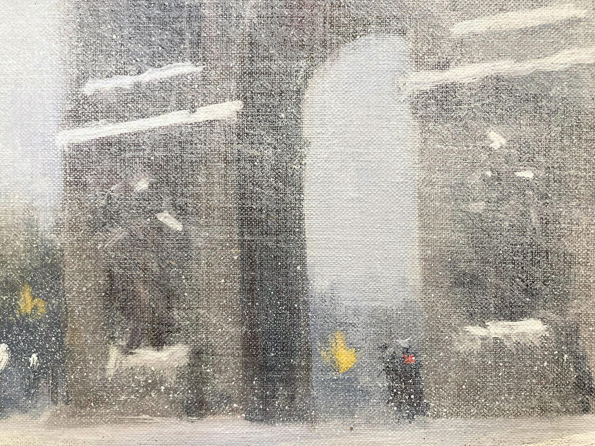 A charming depiction of Snow in New York City by Washington Square Park on a cold snowy evening with city lights and buildings captured in the distance. A cozy impressionistic scene with wonderful use of light and thick textured oil paint. This