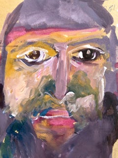 Outsider Folk Art Expressionist Rabbi Israeli Painting Signed Hebrew Jewish Star