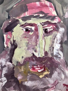 Outsider Folk Art Expressionist Rabbi Israeli Painting Signed Hebrew Jewish Star