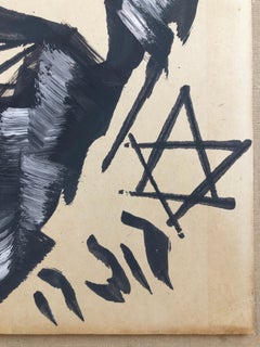 Outsider Folk Art Expressionist Rabbi Israeli Painting Signed Hebrew Jewish Star