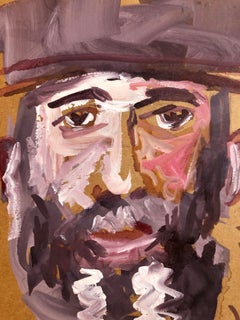 Outsider Folk Art Expressionist Rabbi Israeli Painting Signed Hebrew Jewish Star