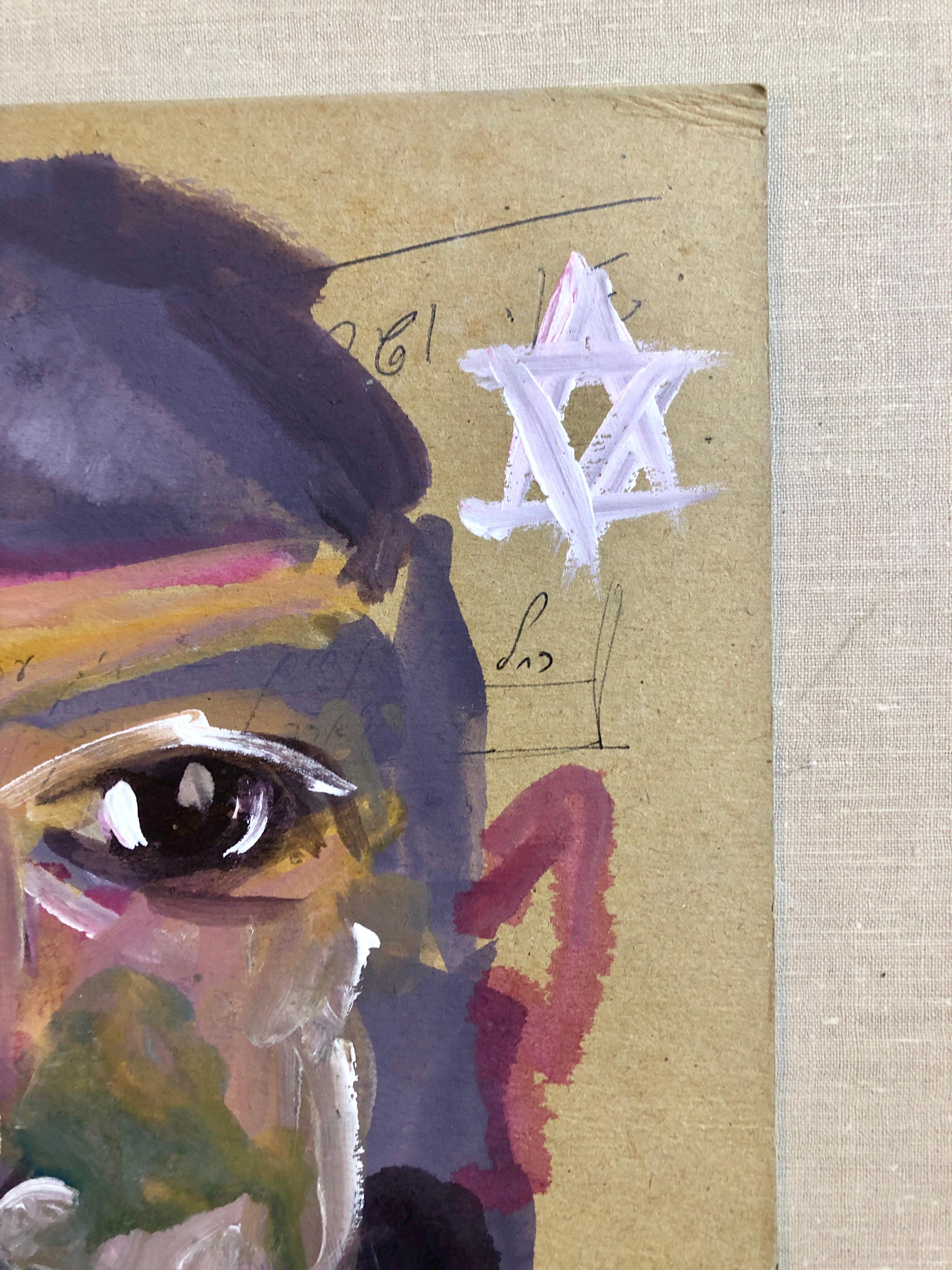 Outsider Folk Art Expressionist Rabbi Israeli Painting Signed Hebrew Jewish Star For Sale 1