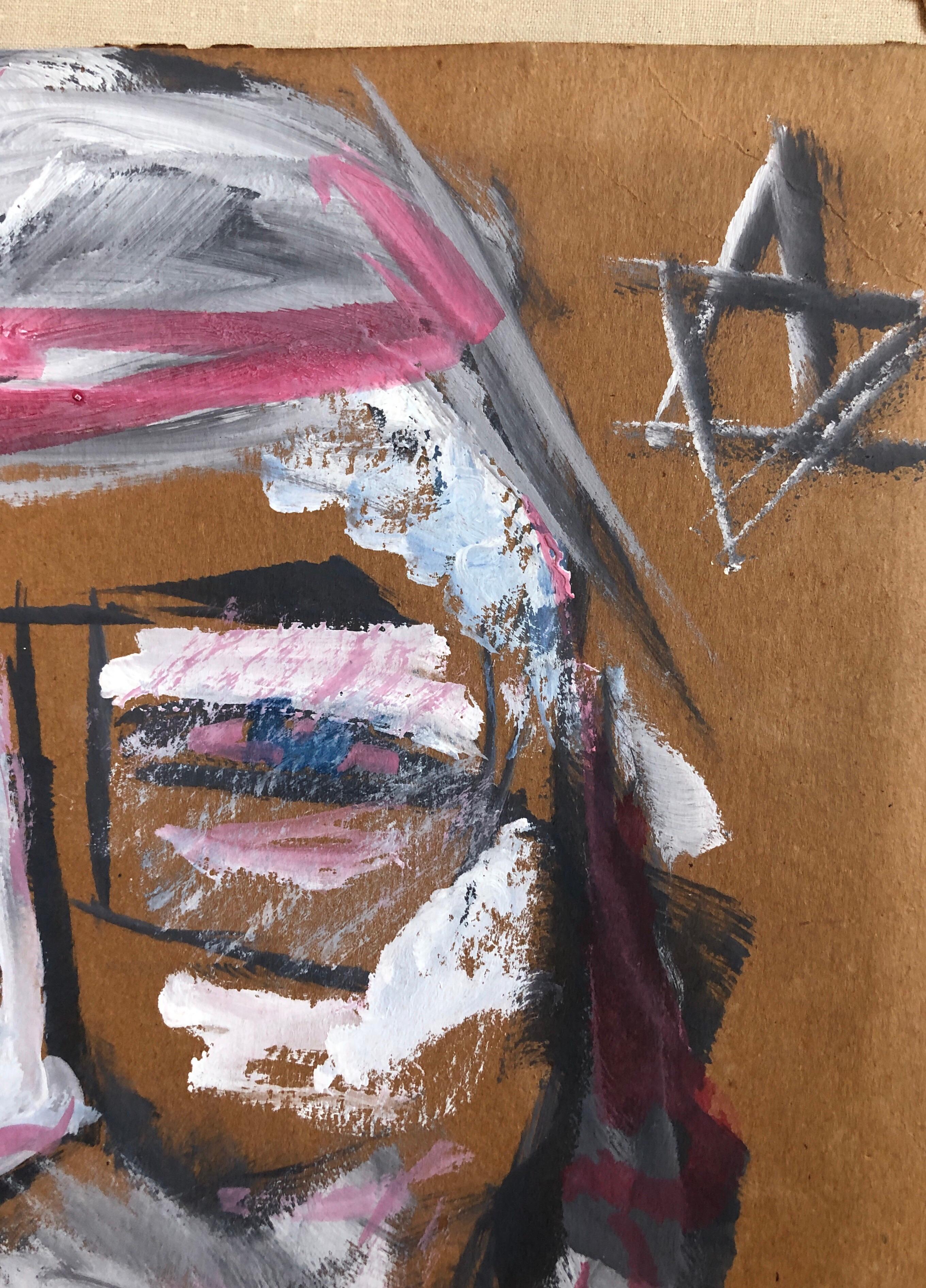 Outsider Folk Art Expressionist Rabbi Israeli Painting Signed Hebrew Jewish Star For Sale 2