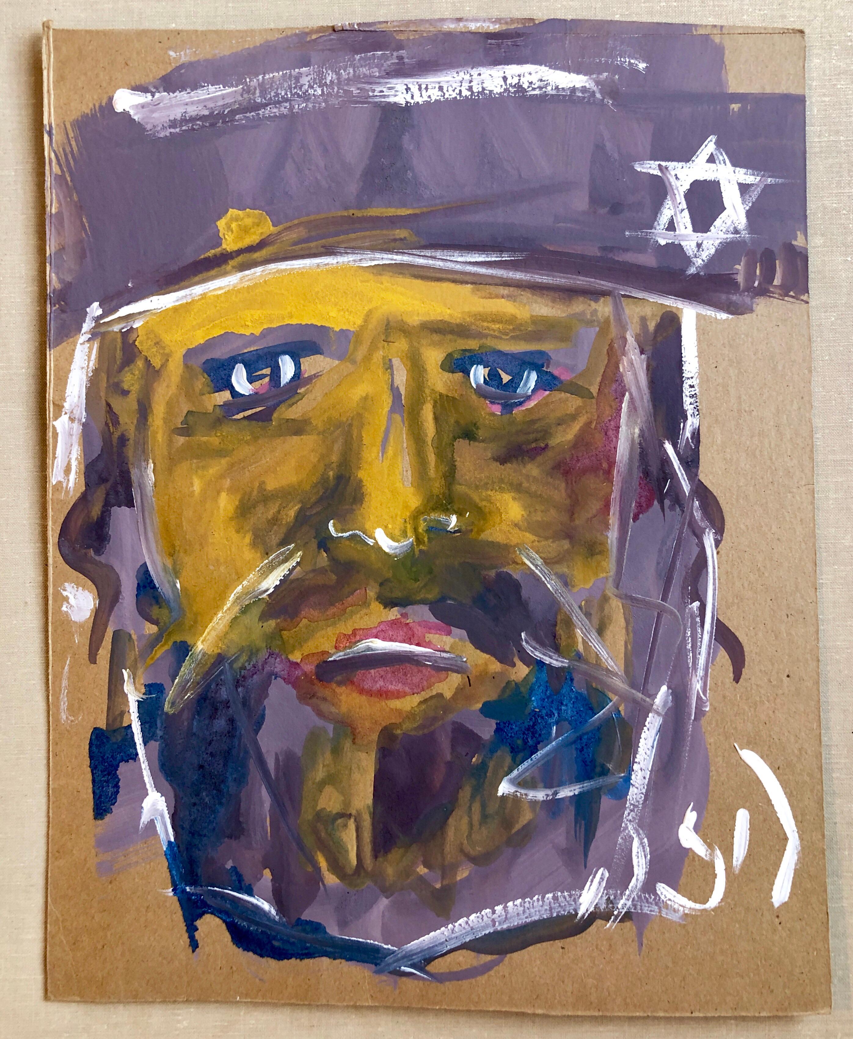 Outsider Folk Art Expressionist Rabbi Israeli Painting Signed Hebrew Jewish Star - Gray Figurative Painting by Unknown