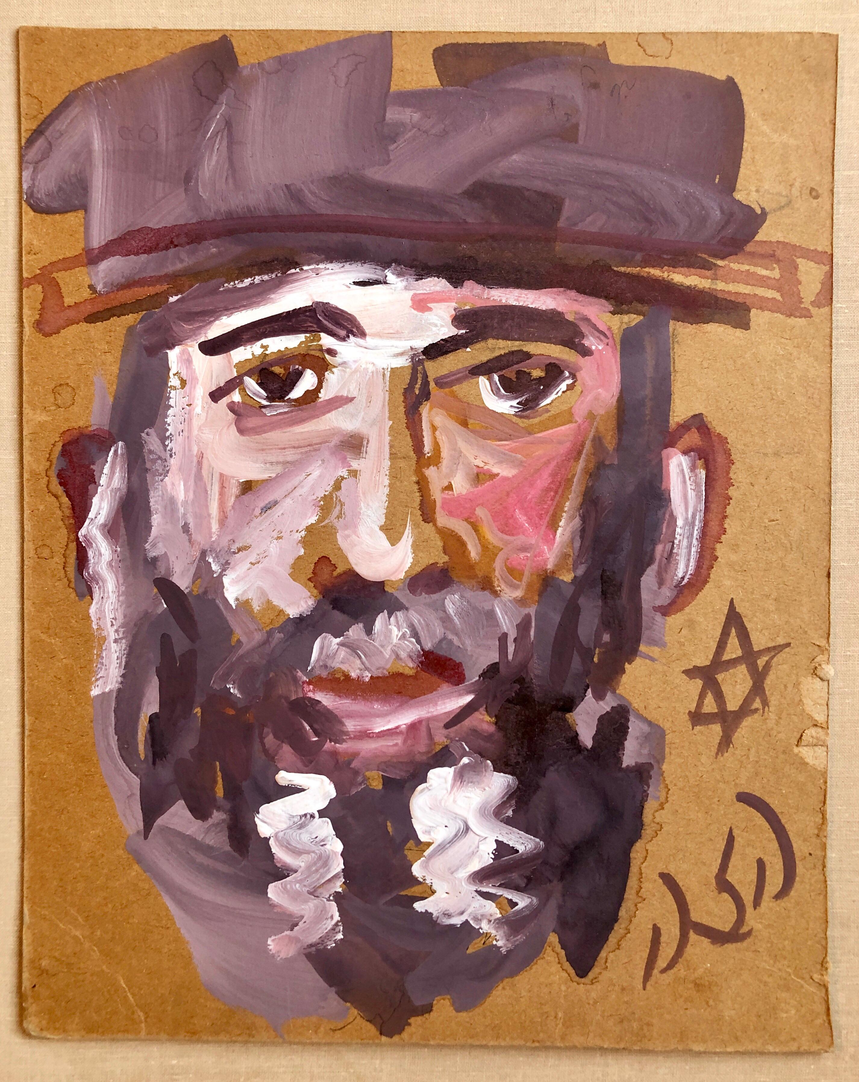 Outsider Folk Art Expressionist Rabbi Israeli Painting Signed Hebrew Jewish Star - Brown Portrait Painting by Unknown