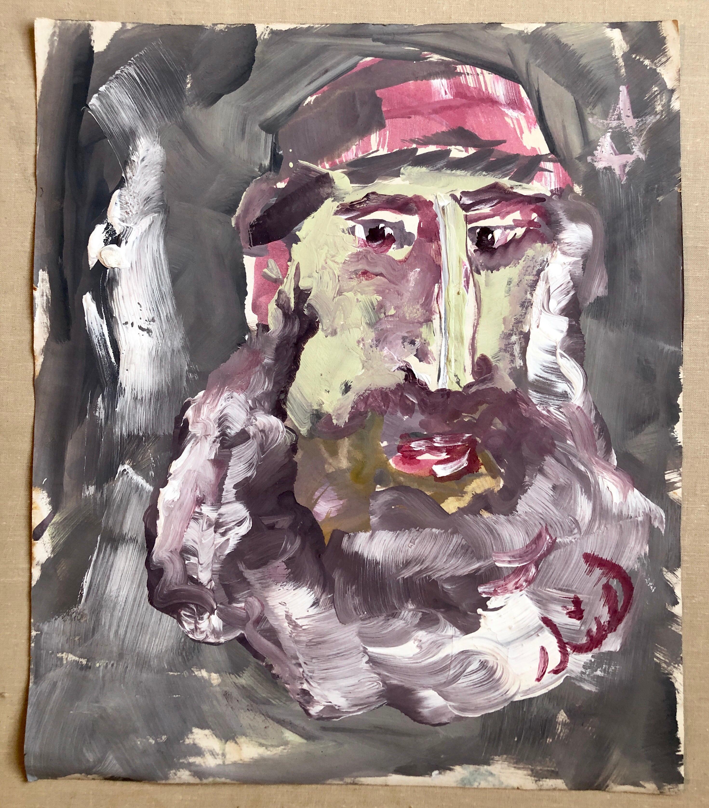 This is a signed portrait painting done in an outsider, folk art, expressionist style. it is signed in Hebrew, also marked with a Jewish star. this is from a collection of works by the same hand. they are all signed. Some have markings to the back