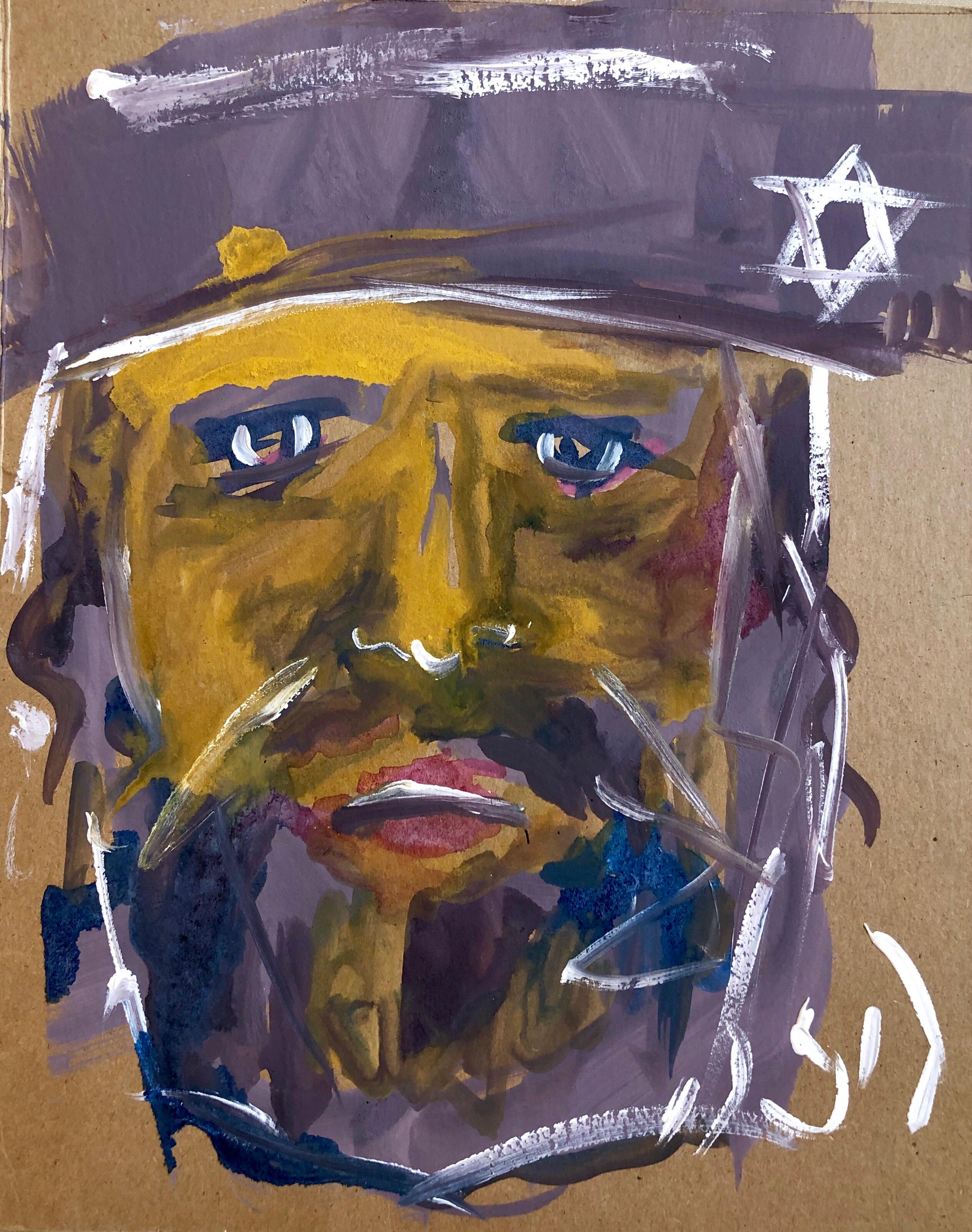 Outsider Folk Art Expressionist Rabbi Israeli Painting Signed Hebrew Jewish Star