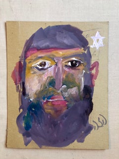 Vintage Outsider Folk Art Expressionist Rabbi Israeli Painting Signed Hebrew Jewish Star