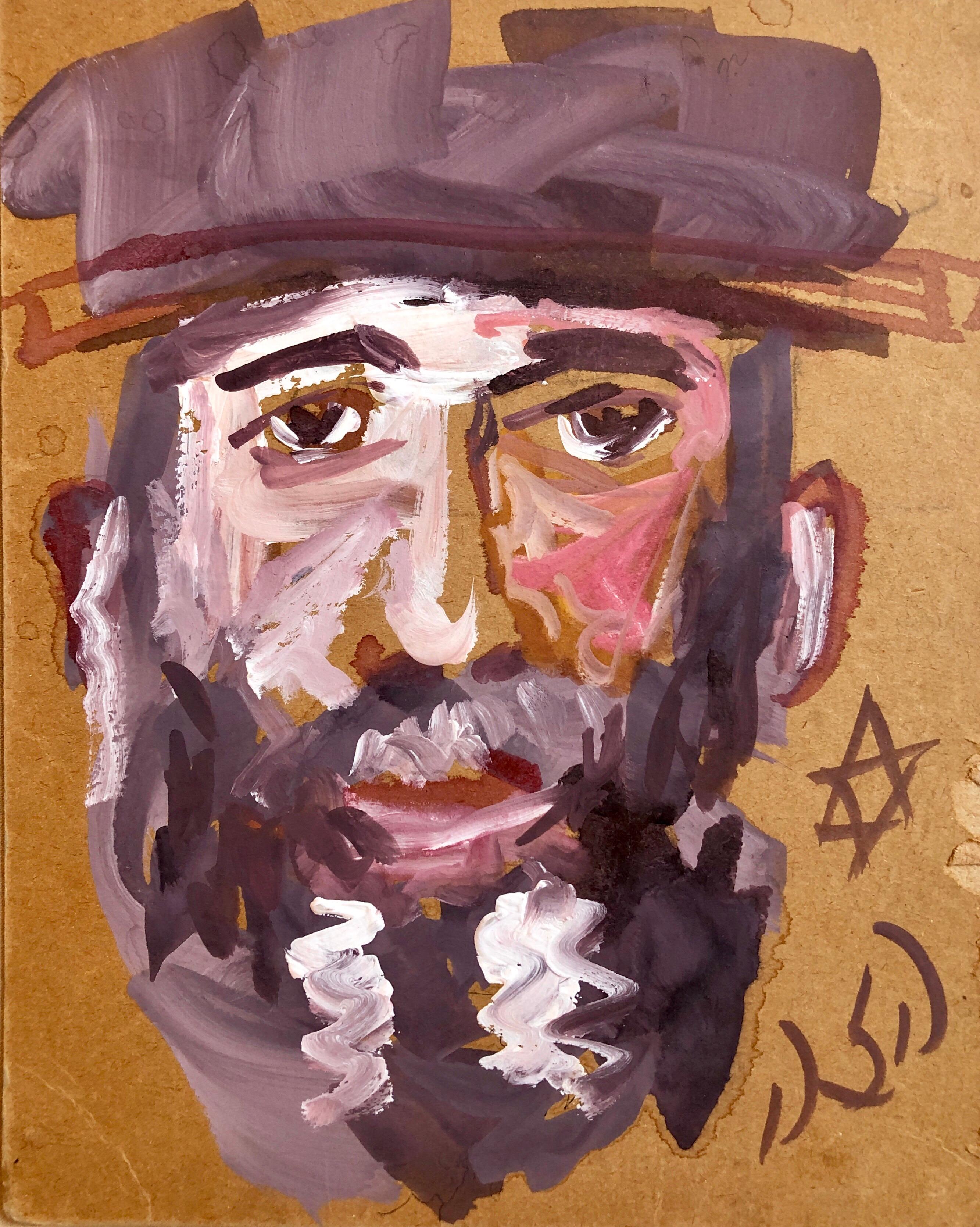 Unknown Portrait Painting - Outsider Folk Art Expressionist Rabbi Israeli Painting Signed Hebrew Jewish Star