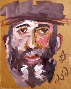 Outsider Folk Art Expressionist Rabbi Israeli Painting Signed Hebrew Jewish Star