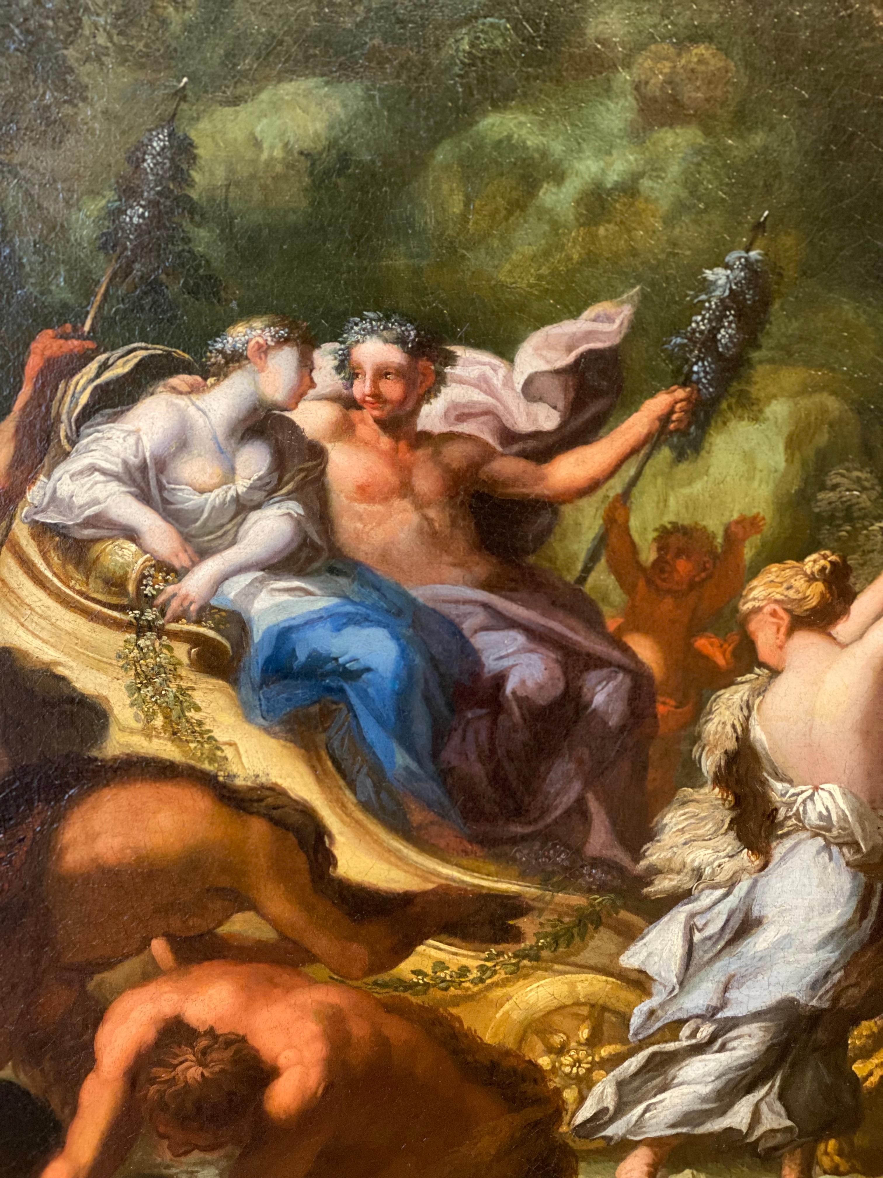Paire de grands tableaux à l'huile sur toile représentant la scène des Noces de Bacchus et Ariane. 
 Italie 18' siècle .
Paysage étonnant en arrière-plan et temple romain avec  des éléments architecturaux classiques. 
Cette scène dynamique de