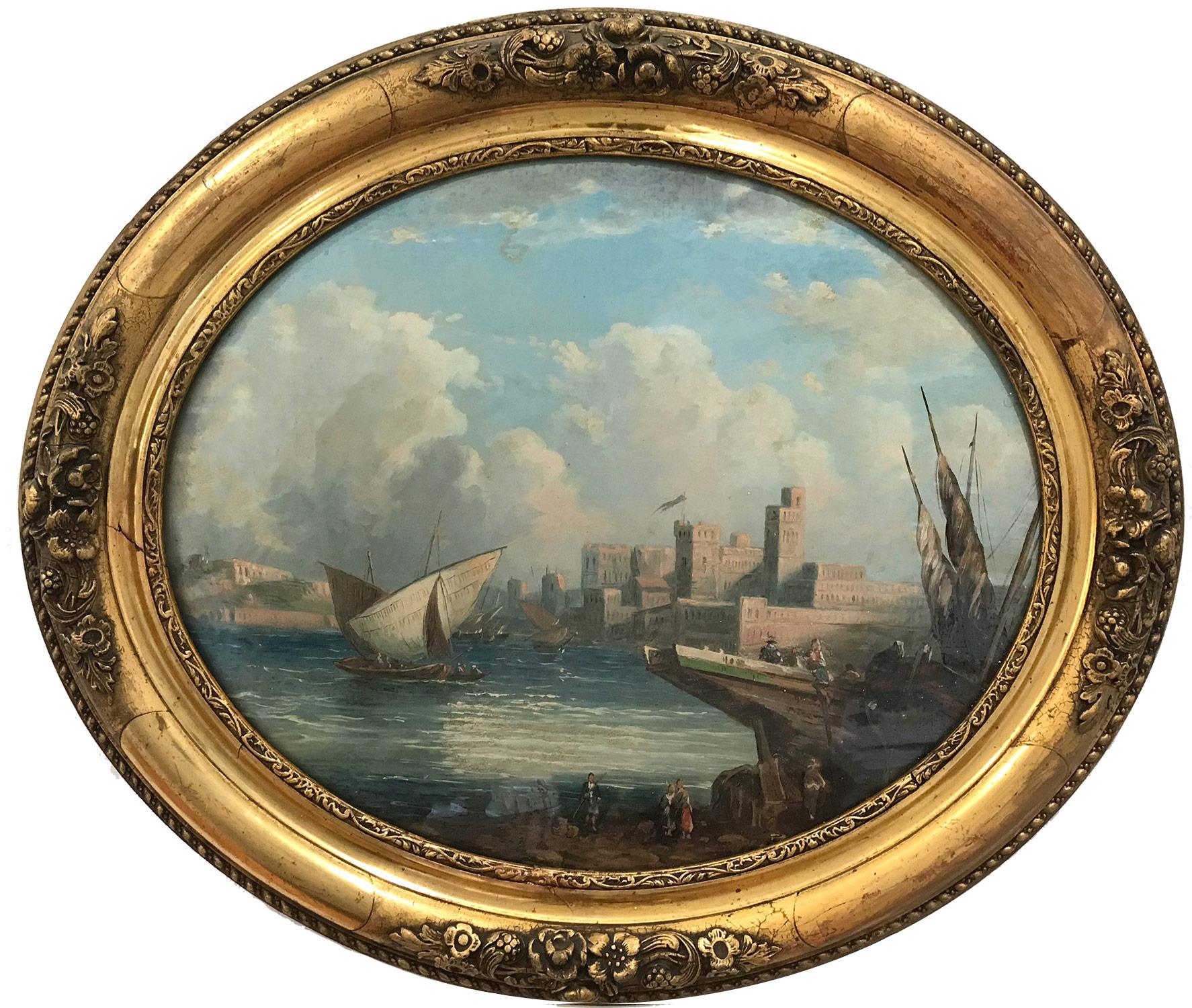Paire de peintures de paysages et de paysages marins ovales de l'école continentale du 19ème siècle - Painting de Unknown