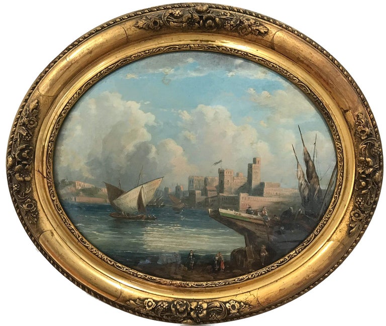Pair of Ovals 19th Century Continental School Landscape and Seascape Paintings - Brown Landscape Painting by Unknown