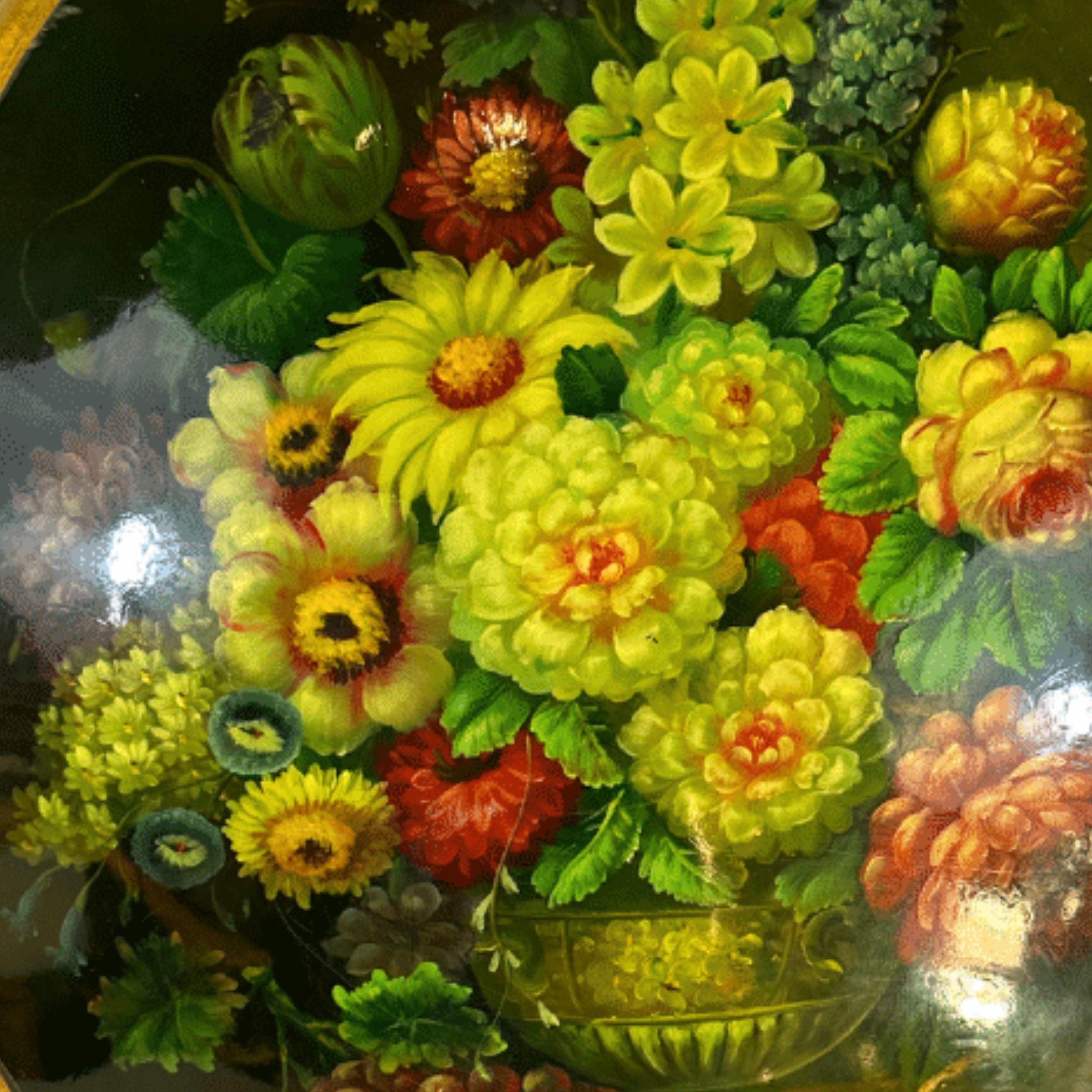 Ovales Ölgemälde auf vergoldetem Holzrahmen, Stillleben mit Blumen in einer Vase mit Trauben im Angebot 2