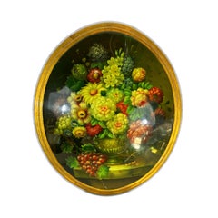 Vintage Oval Oil Painting on Gilt Wood Frame, Still Life of Flowers in a Vase with Grape
