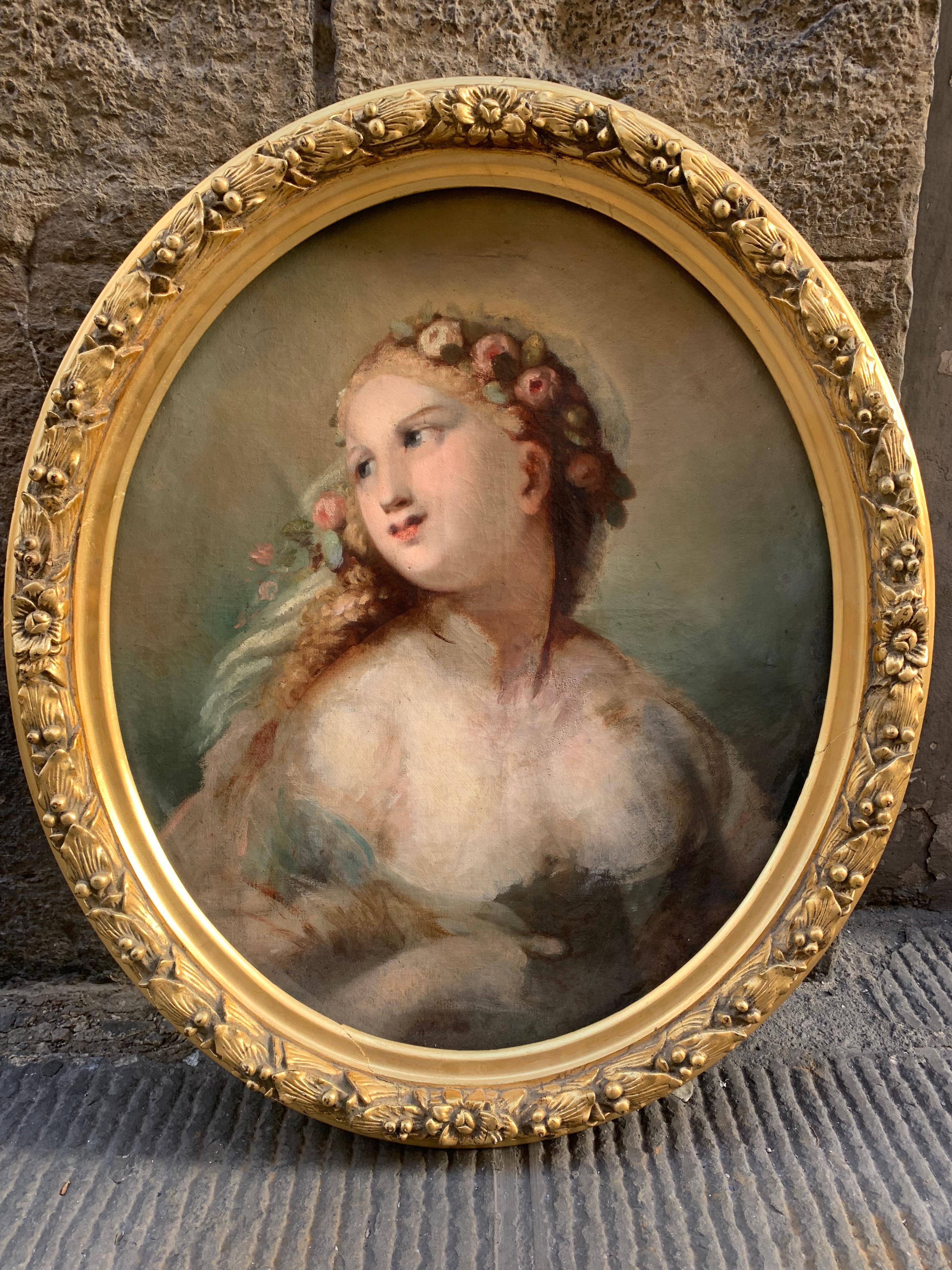 Oval painting : Allegory Of Spring. Belle époque. Late 19th Century.  - Painting by Unknown