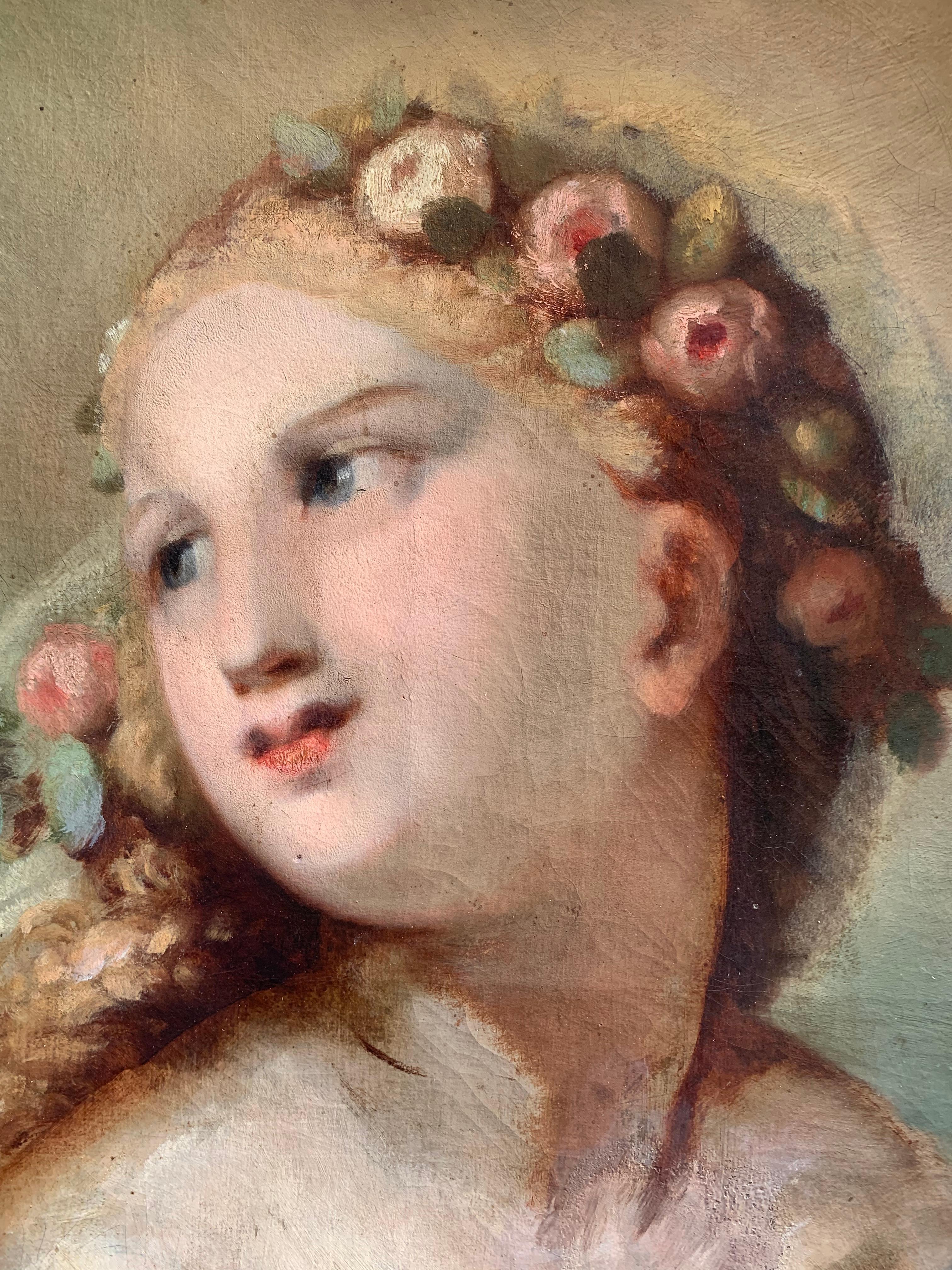 Allegory of Spring. Belle époque. Late 19th century.
Technique: oil on canvas. Relined.

Size with frame: cm 77 x 65
Size without frame: cm 66 x 55cm

It represents an ideal image of a young girl with a wreath of flowers in her hair. It is an
