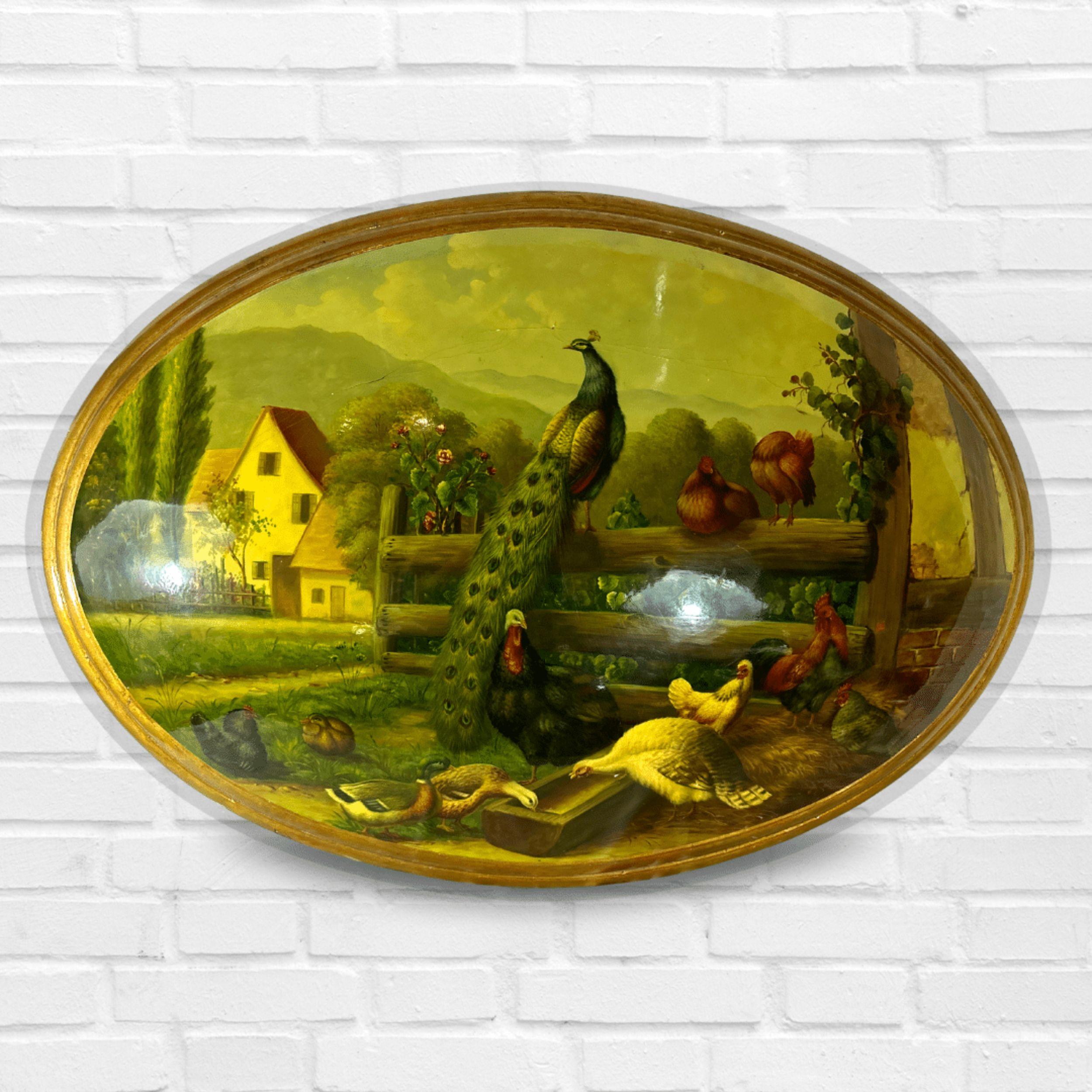 Ovales Gemälde auf konvexer Leinwand, vergoldetes Holz, gerahmtes Handgemälde, Stillleben, Vögel, Stillleben – Painting von Unknown