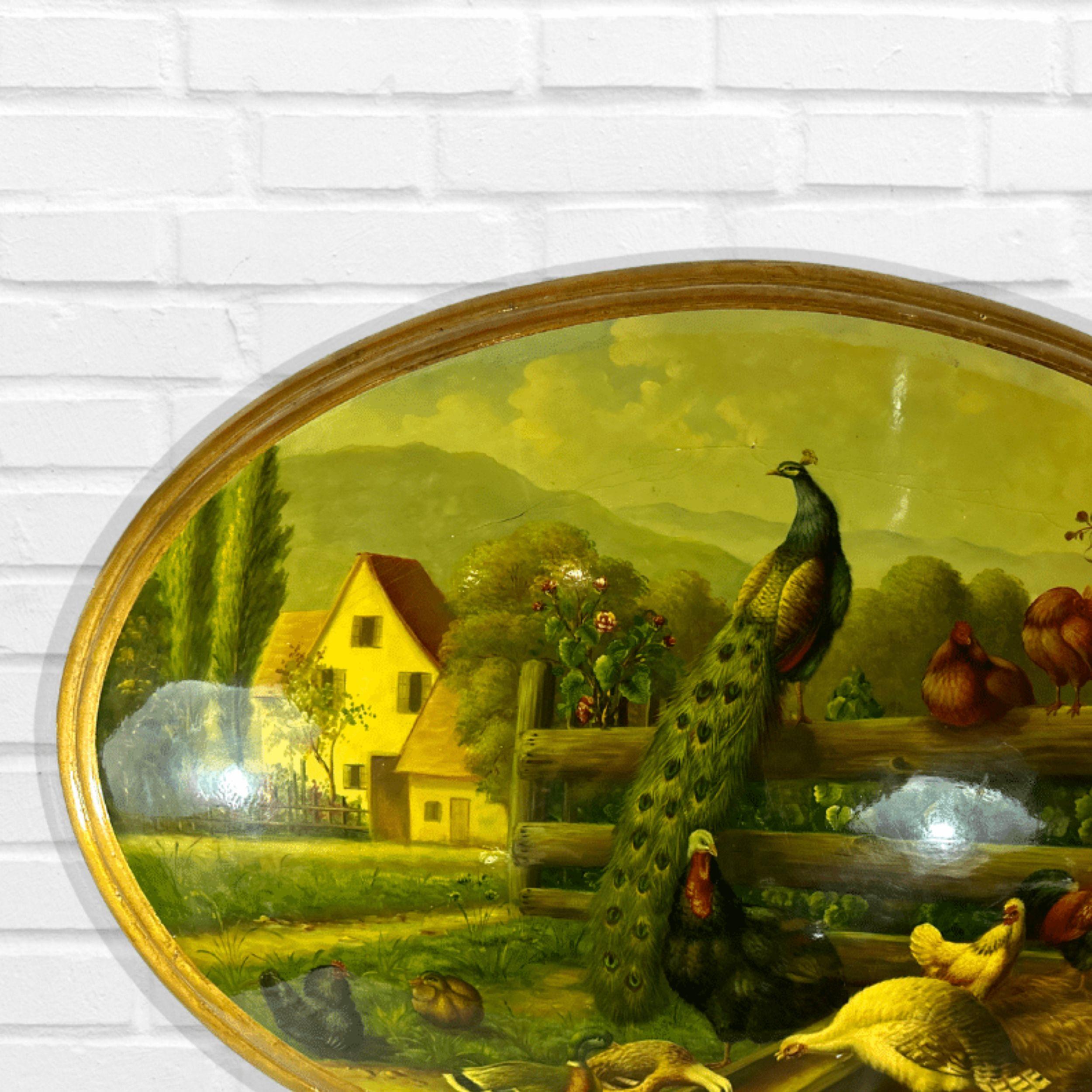 Ovales Gemälde auf konvexer Leinwand, vergoldetes Holz, gerahmtes Handgemälde, Stillleben, Vögel, Stillleben (Realismus), Painting, von Unknown