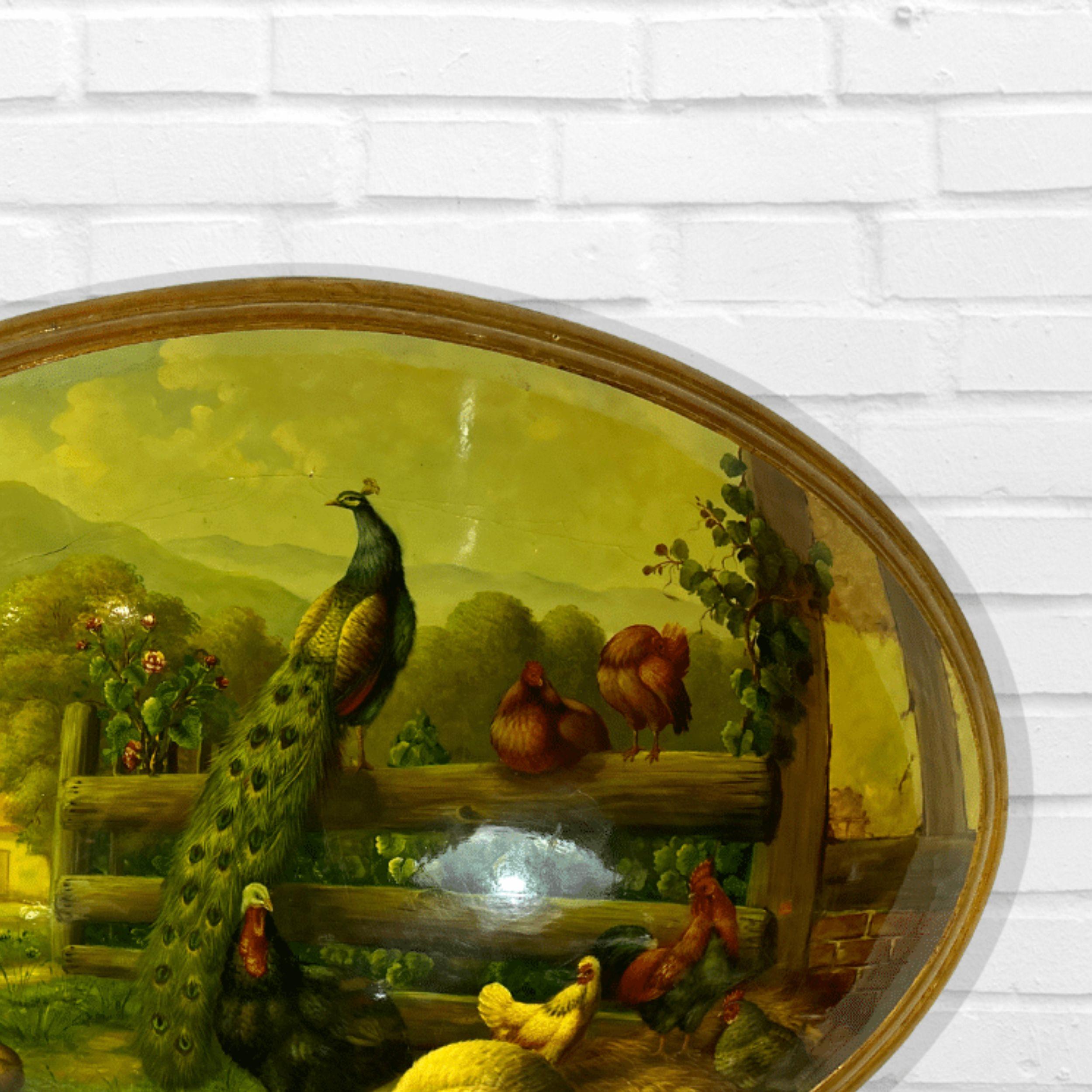 Ovales Gemälde auf konvexer Leinwand, vergoldetes Holz, gerahmtes Handgemälde, Stillleben, Vögel, Stillleben (Braun), Animal Painting, von Unknown