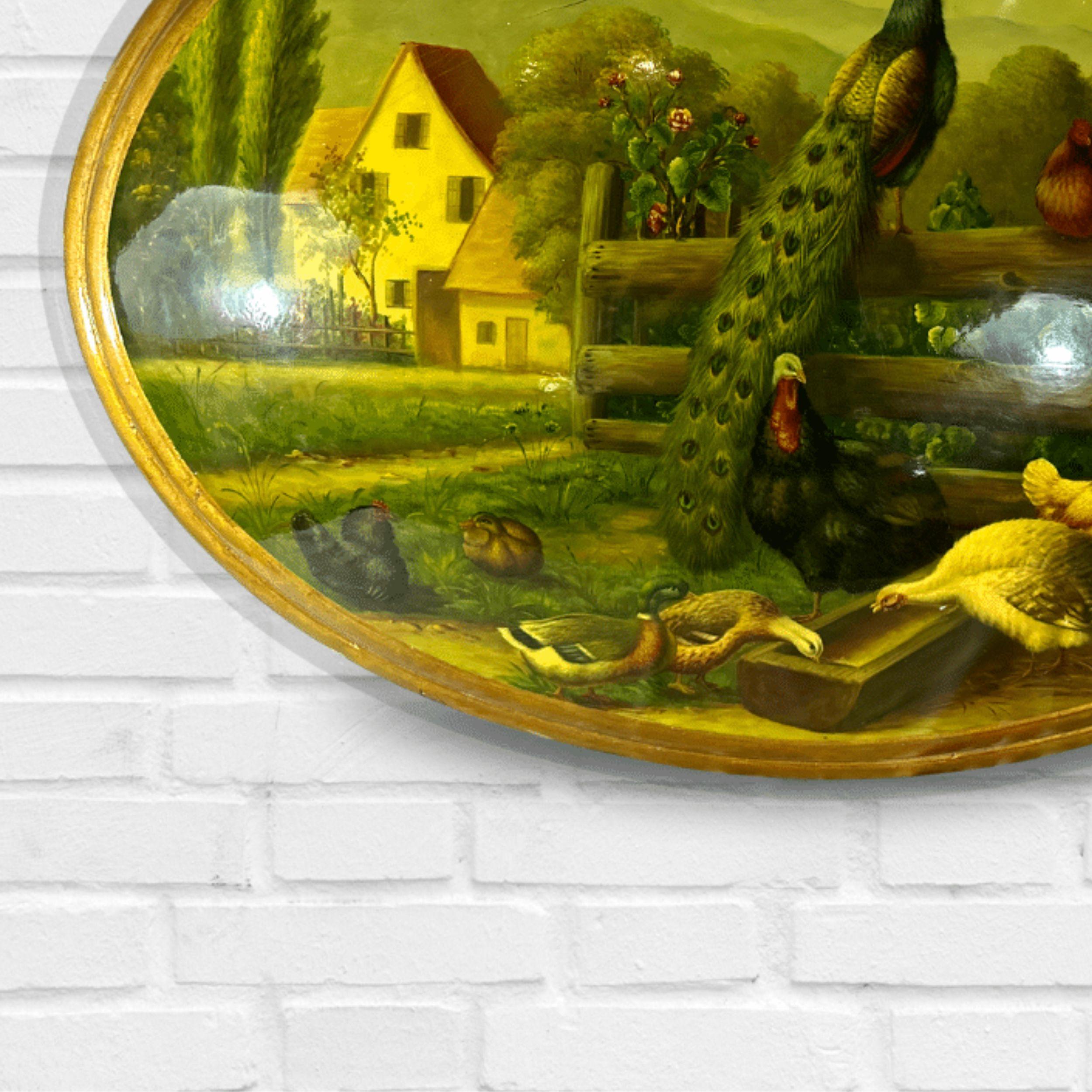 Ovales Gemälde auf konvexer Leinwand, vergoldetes Holz, gerahmtes Handgemälde, Stillleben, Vögel, Stillleben im Angebot 1
