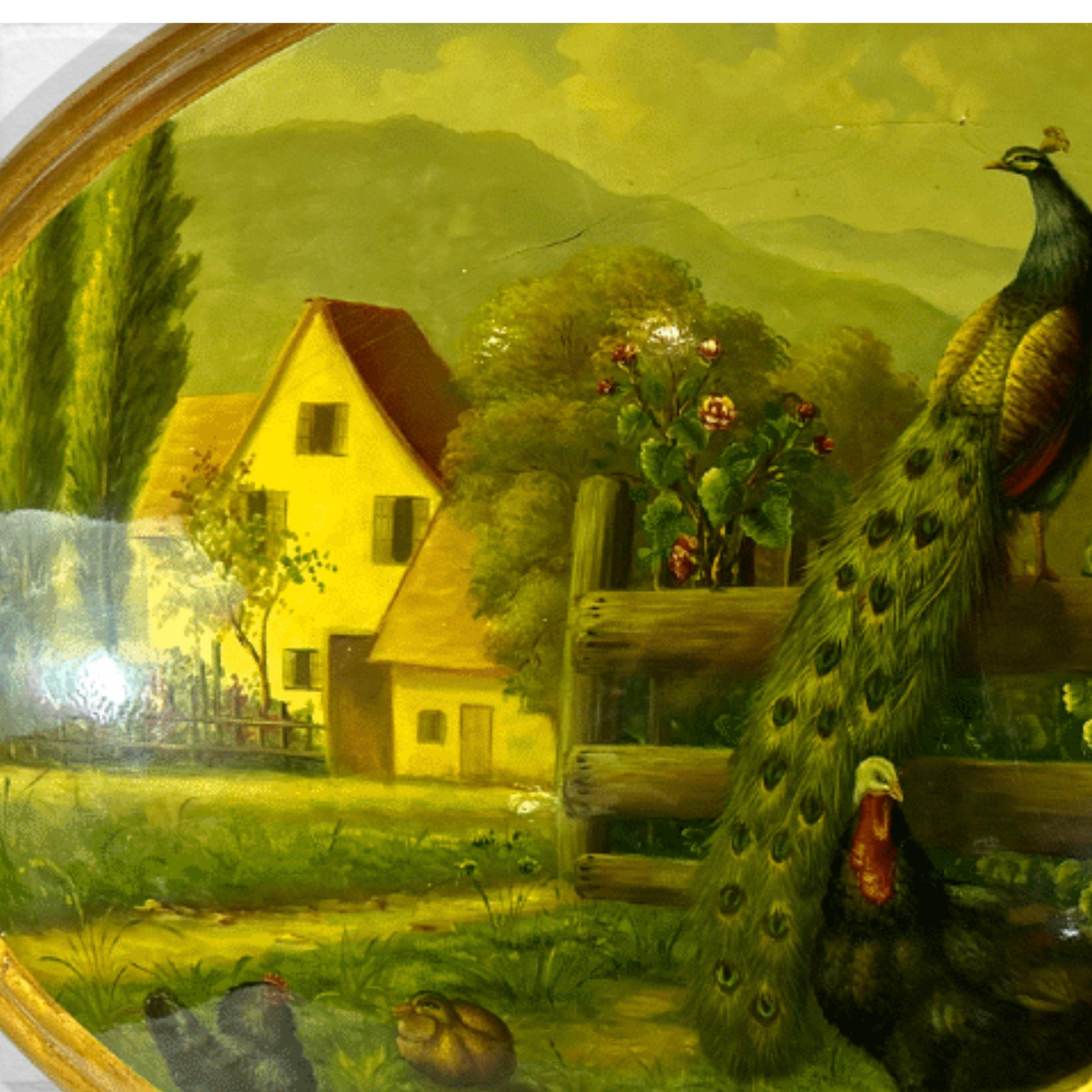 Ovales Gemälde auf konvexer Leinwand, vergoldetes Holz, gerahmtes Handgemälde, Stillleben, Vögel, Stillleben im Angebot 4