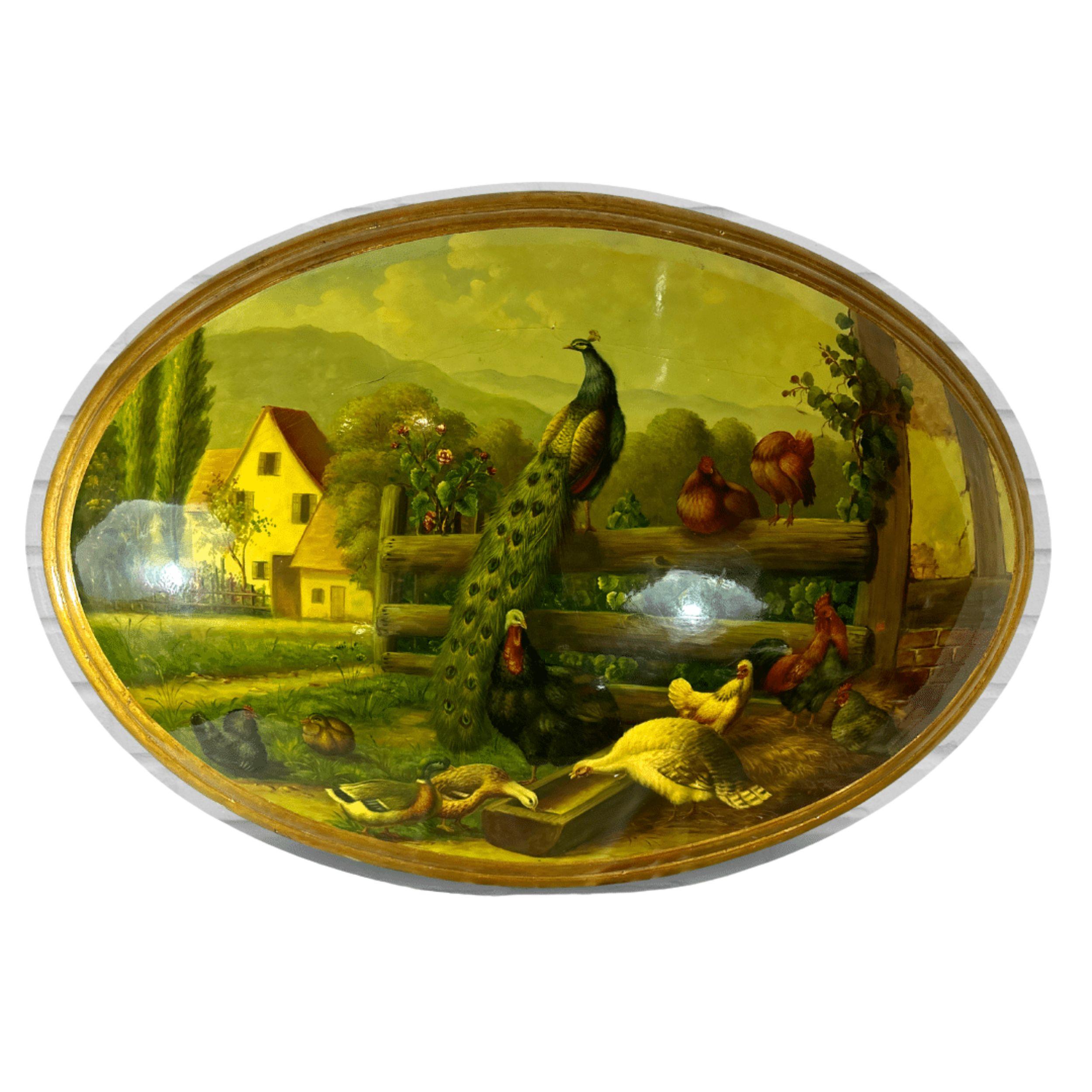 Unknown Animal Painting – Ovales Gemälde auf konvexer Leinwand, vergoldetes Holz, gerahmtes Handgemälde, Stillleben, Vögel, Stillleben