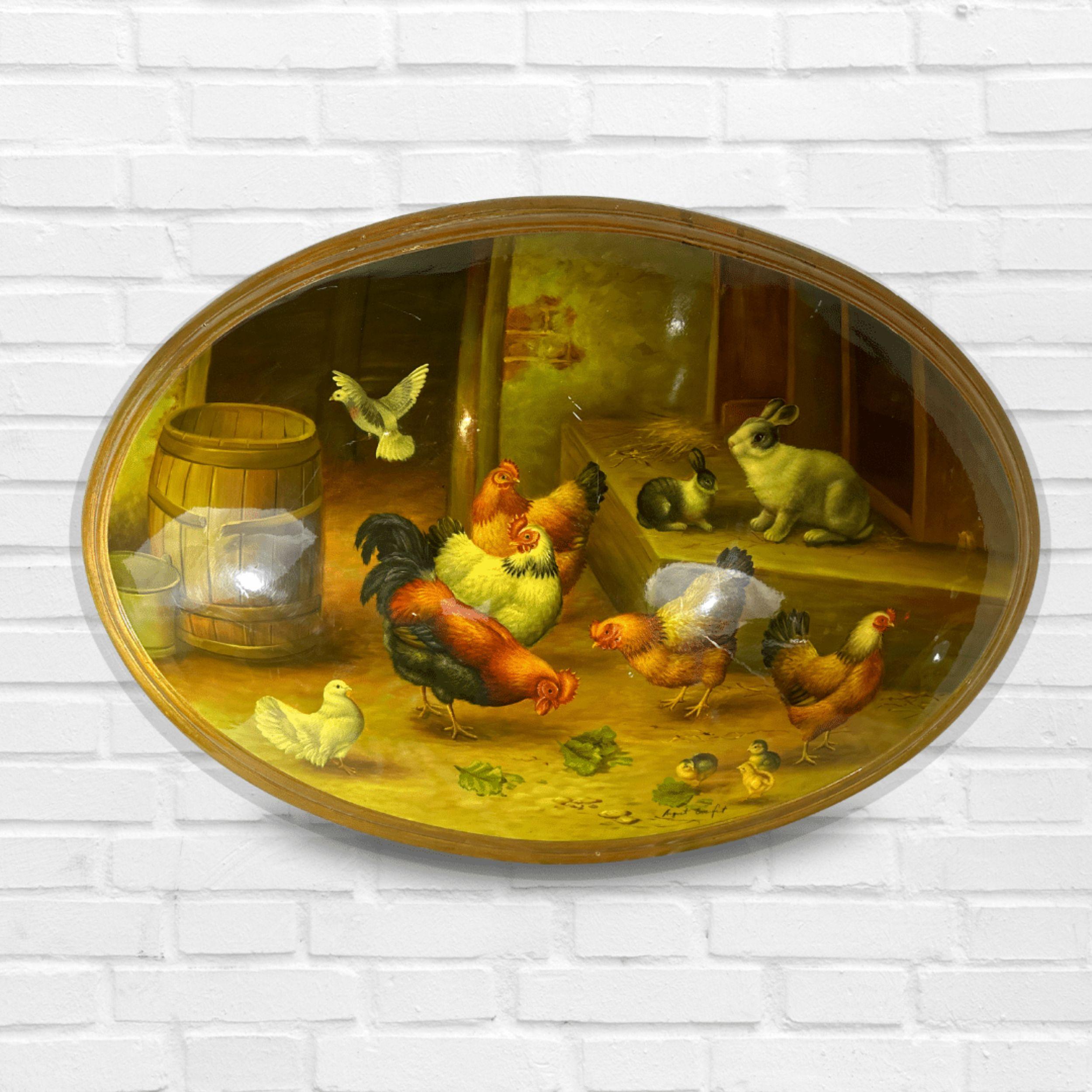 Ovales Gemälde auf konvexer Leinwand, vergoldetes Holz, gerahmtes Handgemälde, Hühner und Kaninchen – Painting von Unknown