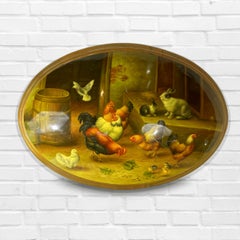 Oval Painting On Convex Canvas Gilt wood Framed Hand Painting Chickens & Rabbits