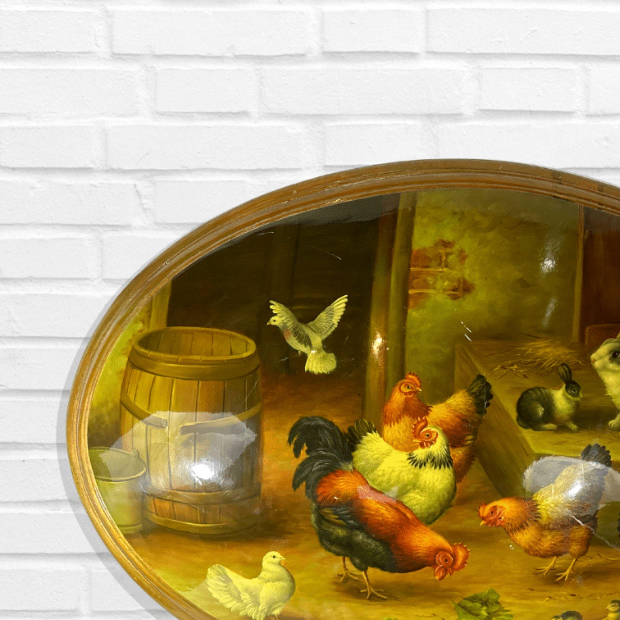 Ovales Gemälde auf konvexer Leinwand, vergoldetes Holz, gerahmtes Handgemälde, Hühner und Kaninchen (Realismus), Painting, von Unknown