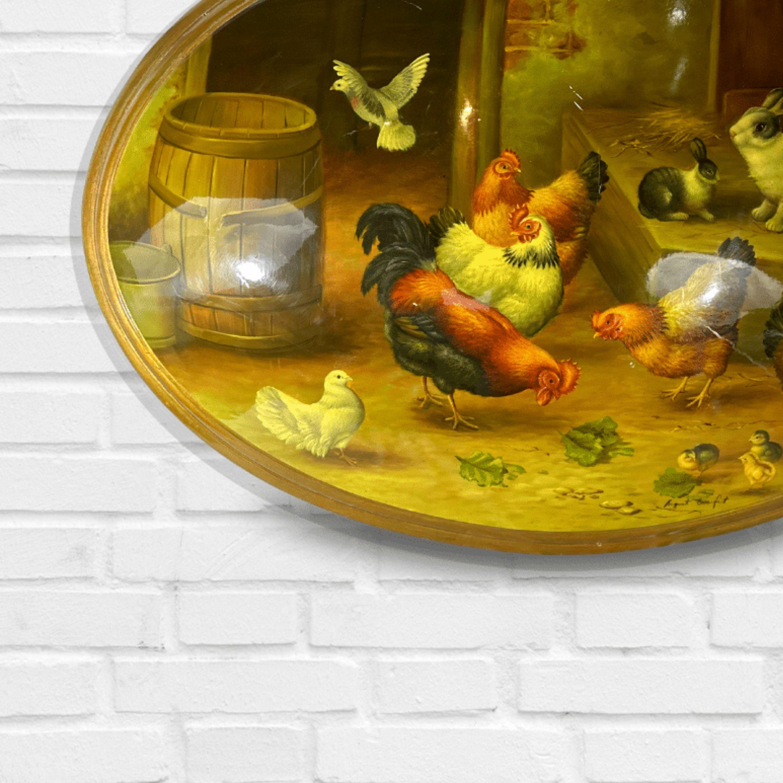 Ovales Gemälde auf konvexer Leinwand, vergoldetes Holz, gerahmtes Handgemälde, Hühner und Kaninchen im Angebot 1
