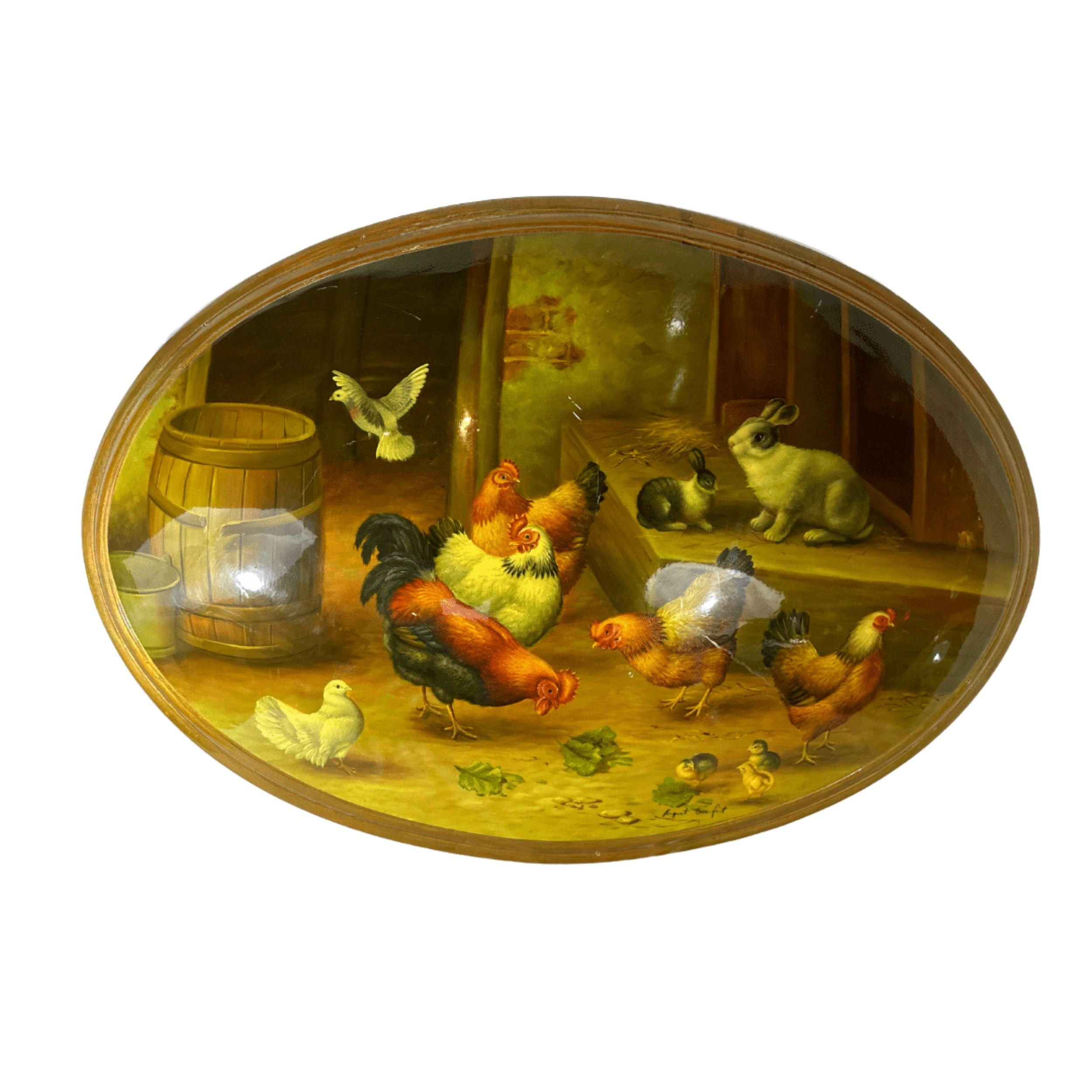 Unknown Animal Painting – Ovales Gemälde auf konvexer Leinwand, vergoldetes Holz, gerahmtes Handgemälde, Hühner und Kaninchen