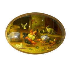 Peinture ovale sur toile convexe encadrée, bois doré, poulets et lapins